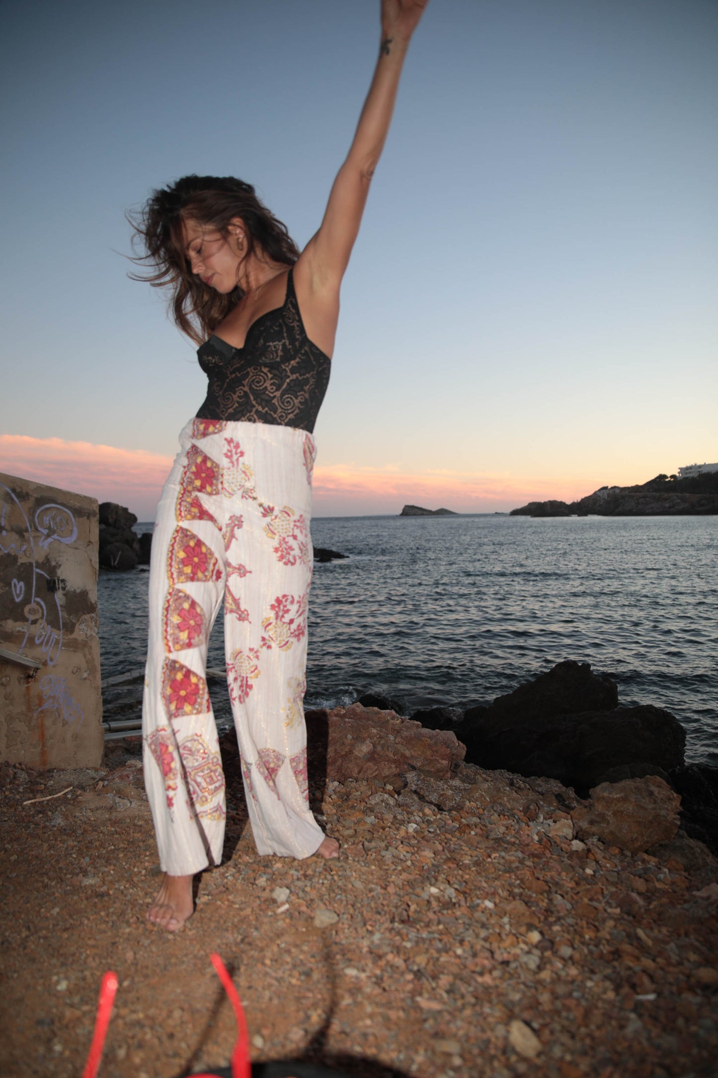 Vintage Indian cotton pants up-cycled by Vagabond Ibiza with block print design and gold thread detail