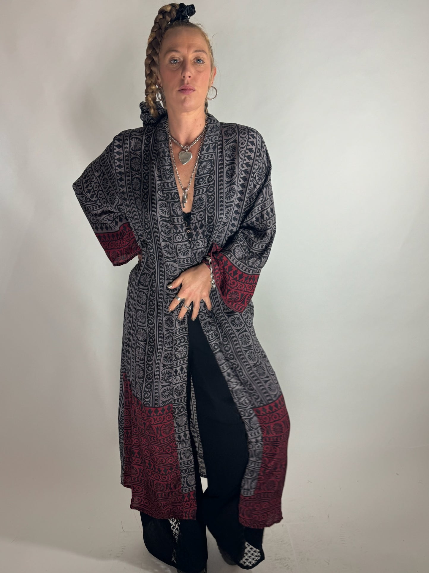 The Kardash Long Kimono – Up-cycled Vintage Sari long Kimono Robe with Waist Tie + Matching Scrunchy & Storage Bag