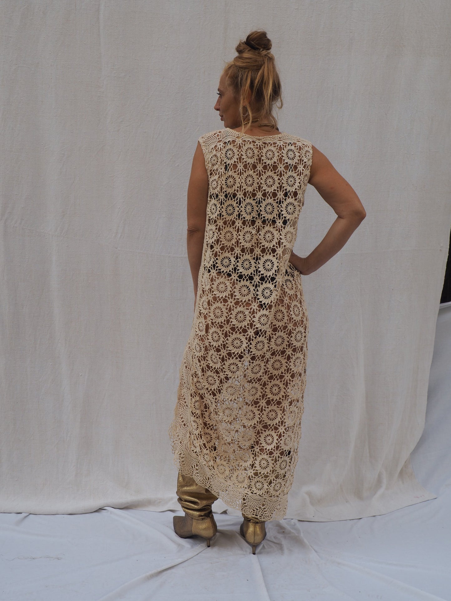 Creamy gold vintage crochet up-cycle long beach cover up with side split Ibiza party dress made by Vagabond Ibiza