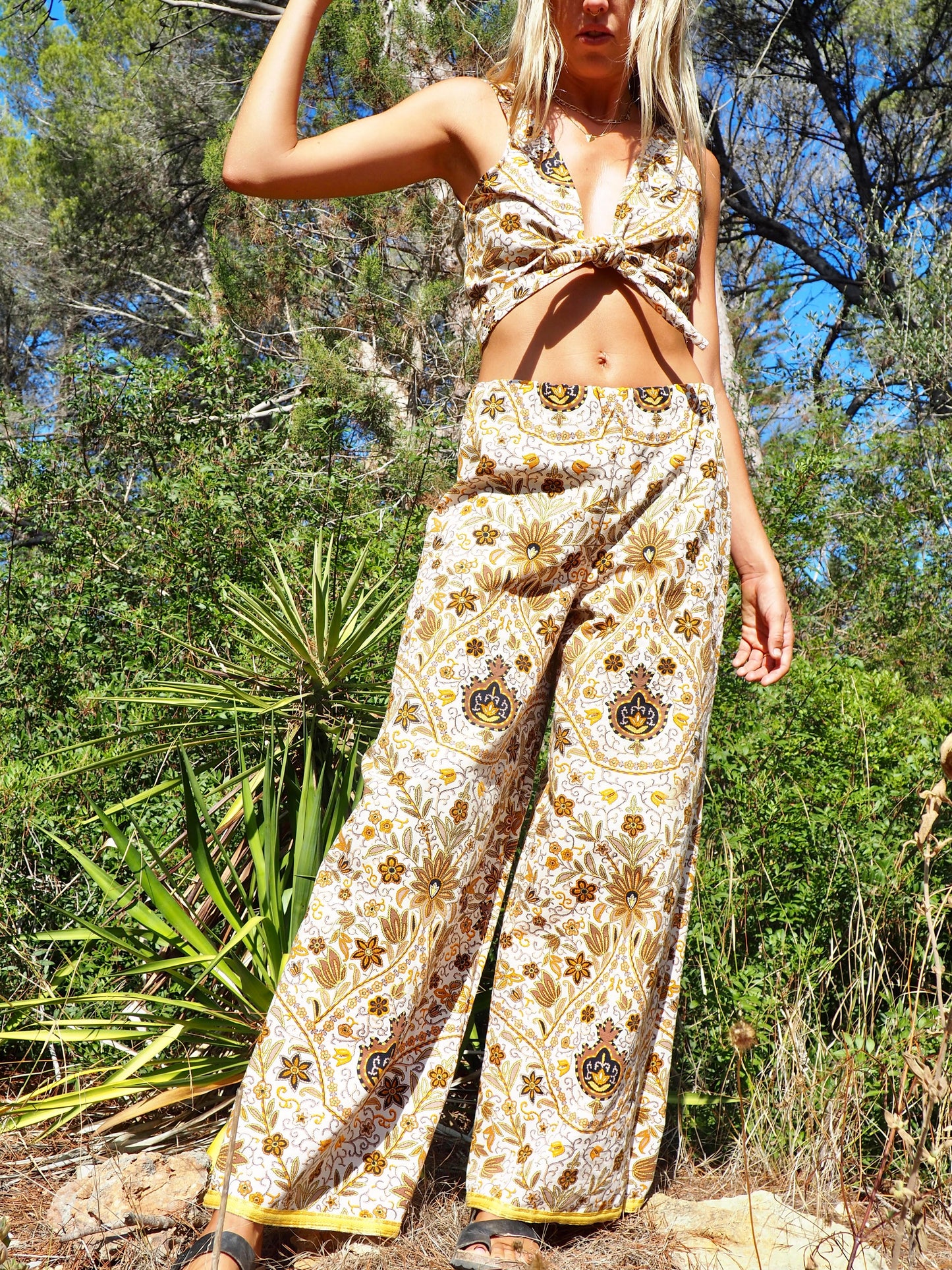 Up-cycled heavy cotton wide leg pants Cream yellow and  black floral printed textiles from france very nice quality by Vagabond Ibiza made