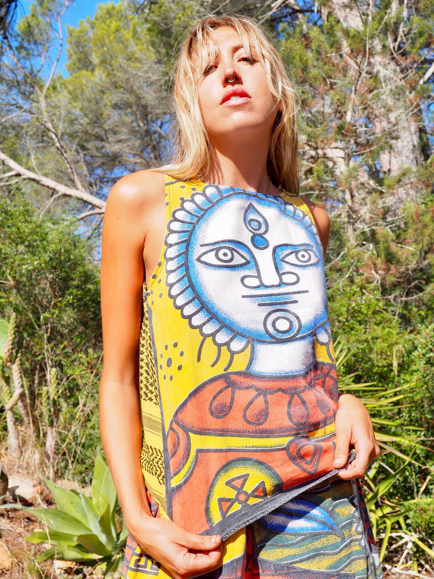 Up-cycled cotton funky bright colourful patchwork  printed vest t-shirt top by Vagabond Ibiza