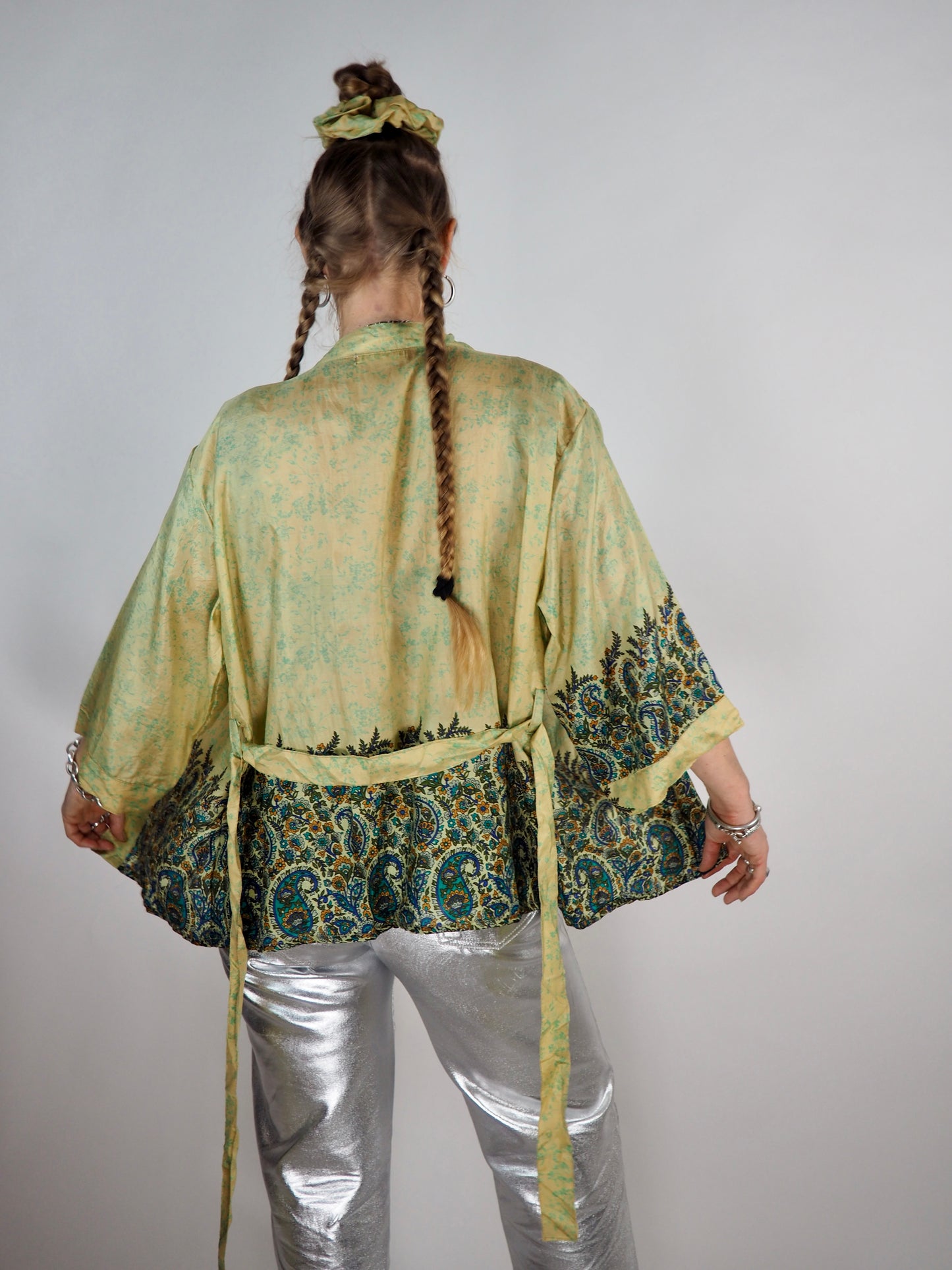 The Kardash Short Kimono – Vintage Re-cycled Sari Kimono Jacket with Waist Tie + Matching Scrunchy & Storage Bag