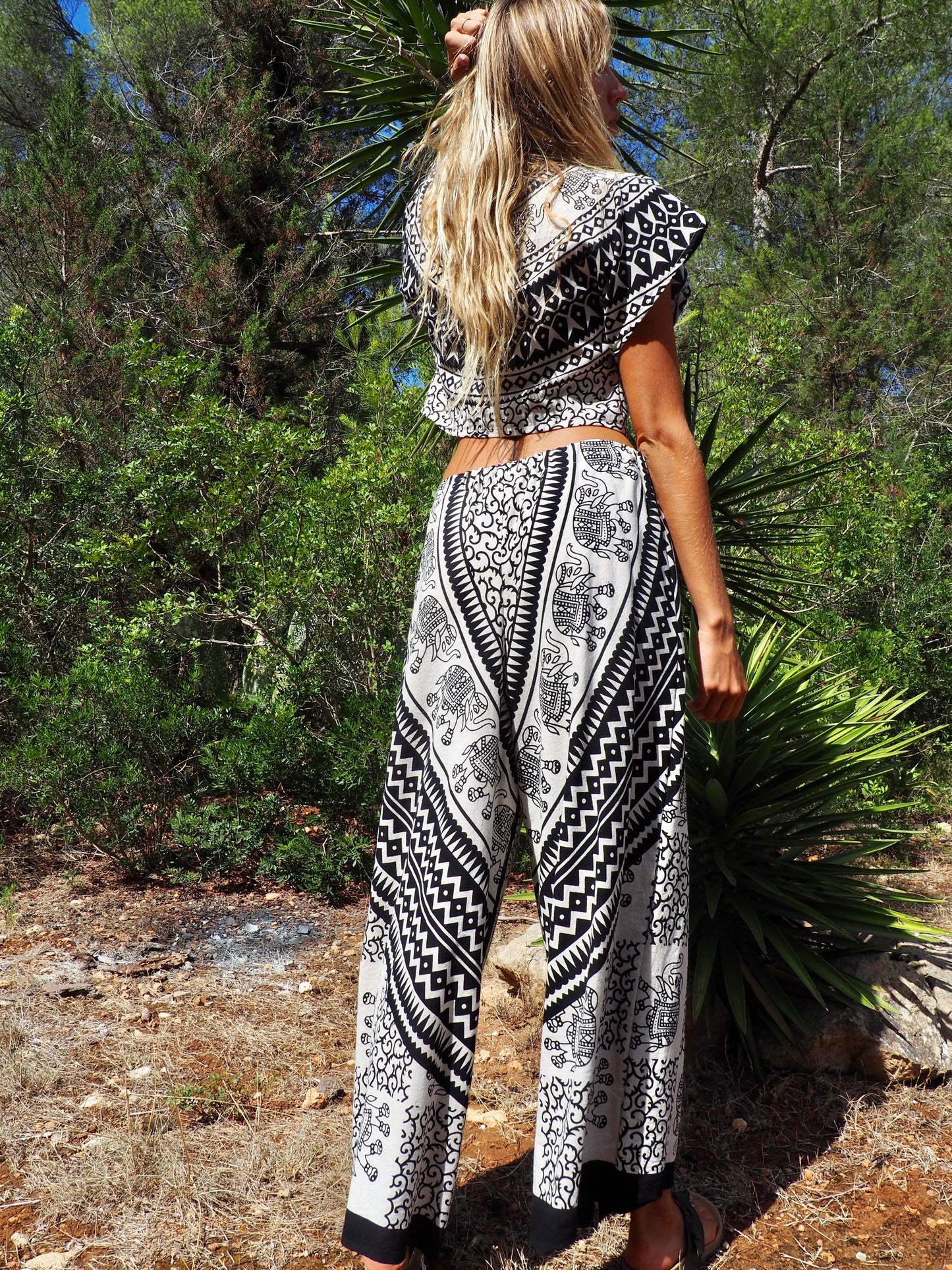 Up-cycled cotton black and cream printed wide leg pants by Vagabond Ibiza