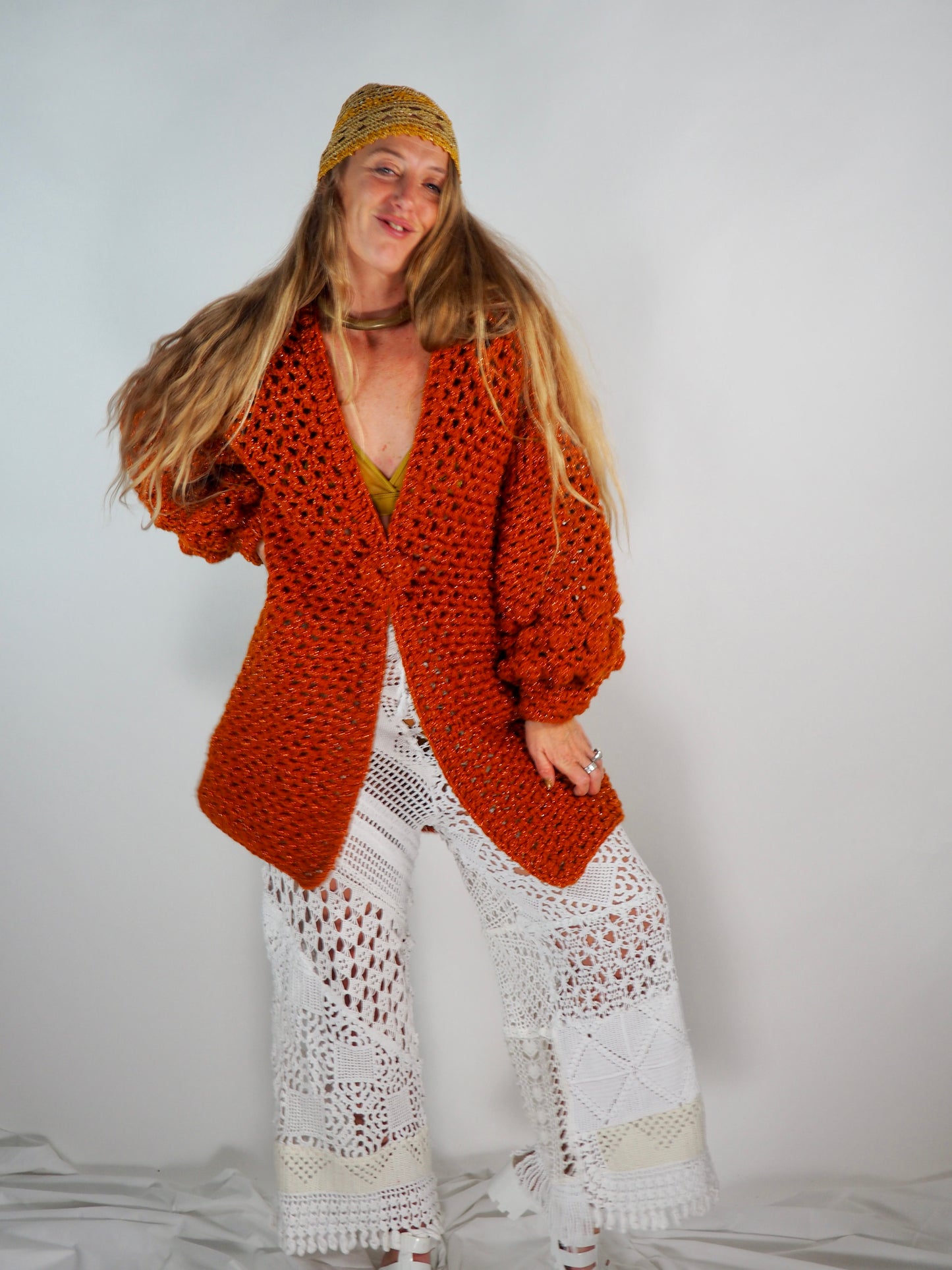 Introducing the Handmade Chunky Oversized Sleeve Sparkly Orange Cardigan