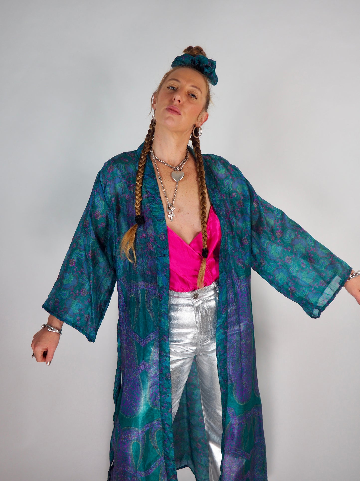 The Kardash Long Kimono – Up-cycled Vintage Sari long Kimono Robe with Waist Tie + Matching Scrunchy & Storage Bag