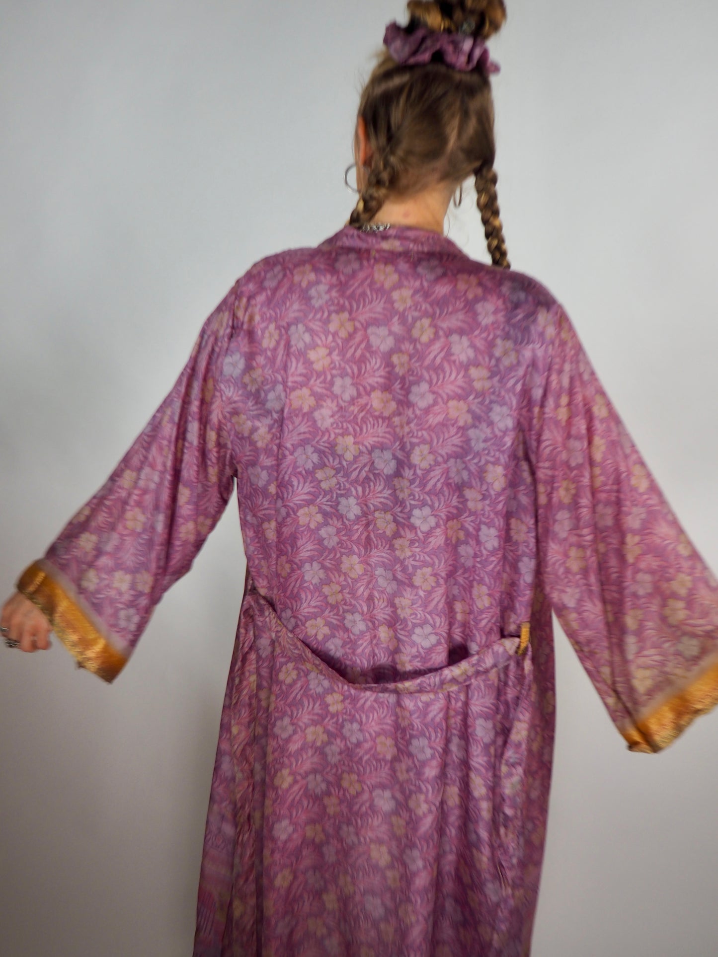 The Kardash Long Kimono – Up-cycled Vintage Sari long Kimono Robe with Waist Tie + Matching Scrunchy & Storage Bag