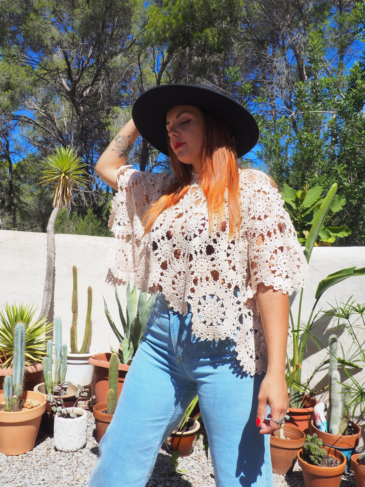 Vintage cream silk crochet top up-cycled by Vagabond Ibiza