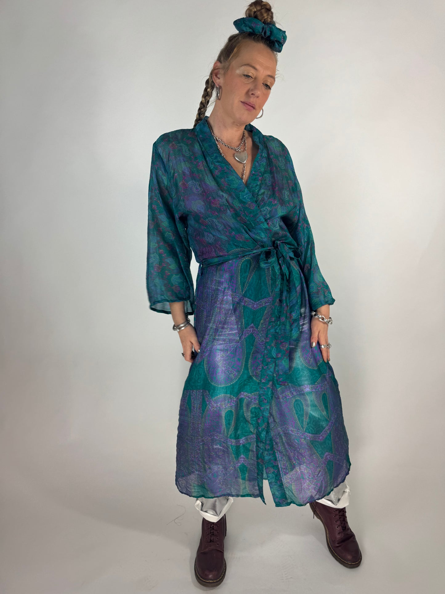 The Kardash Long Kimono – Up-cycled Vintage Sari long Kimono Robe with Waist Tie + Matching Scrunchy & Storage Bag