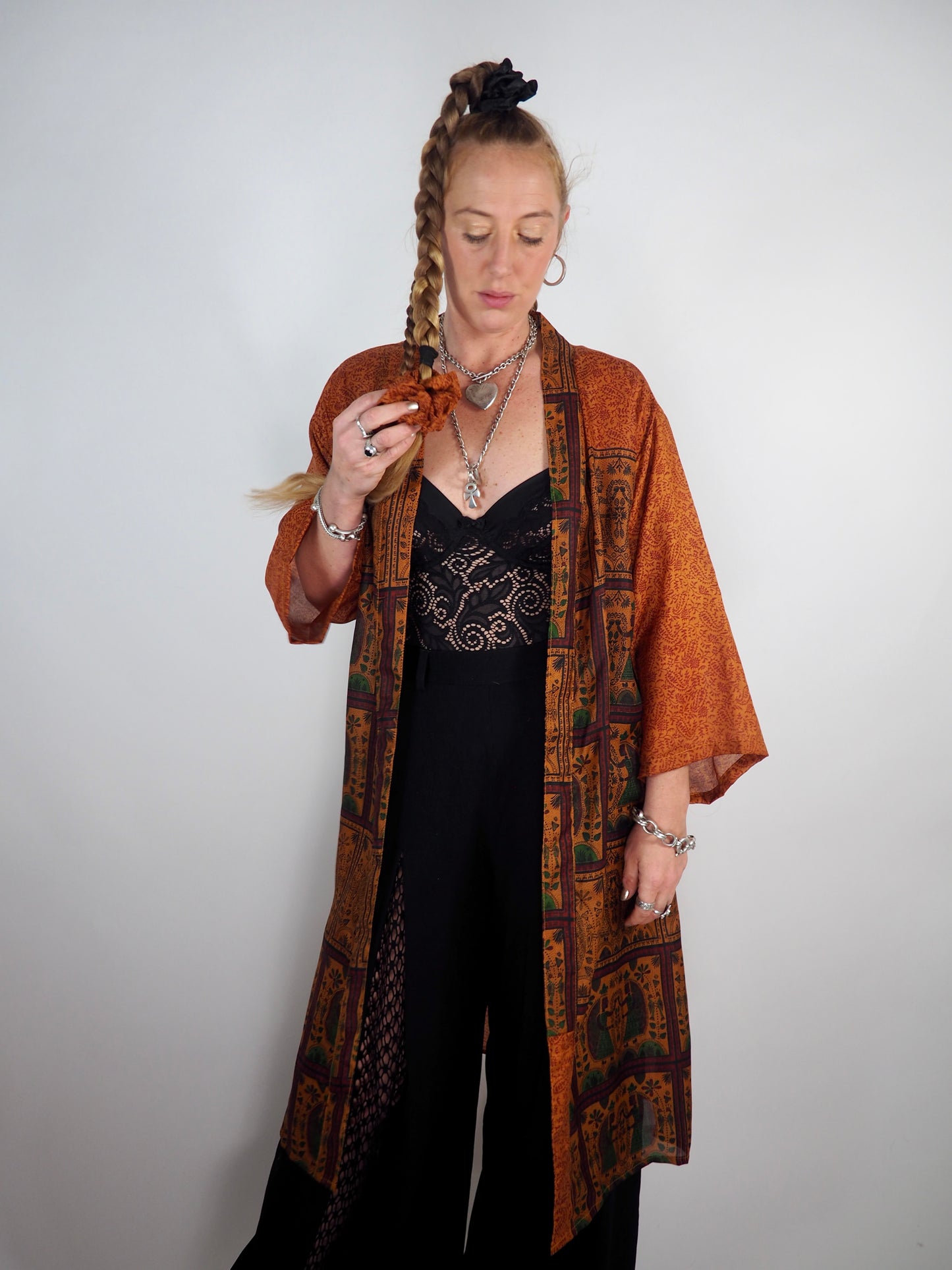 The Kardash Medium-Length Kimono – Up-cycled Vintage Sari Kimono Jacket with Waist Tie + Matching Scrunchy & Storage Bag