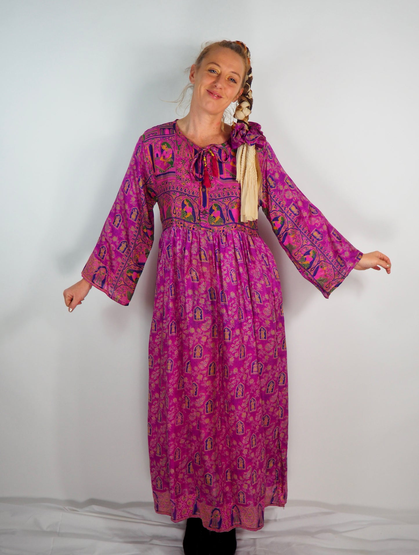 The Vadella Up-cycled Vintage Re-cycled Sari Maxi Dress – Sustainable Boho Dress with Tie Neck Detail + Matching Scrunchy & Bag