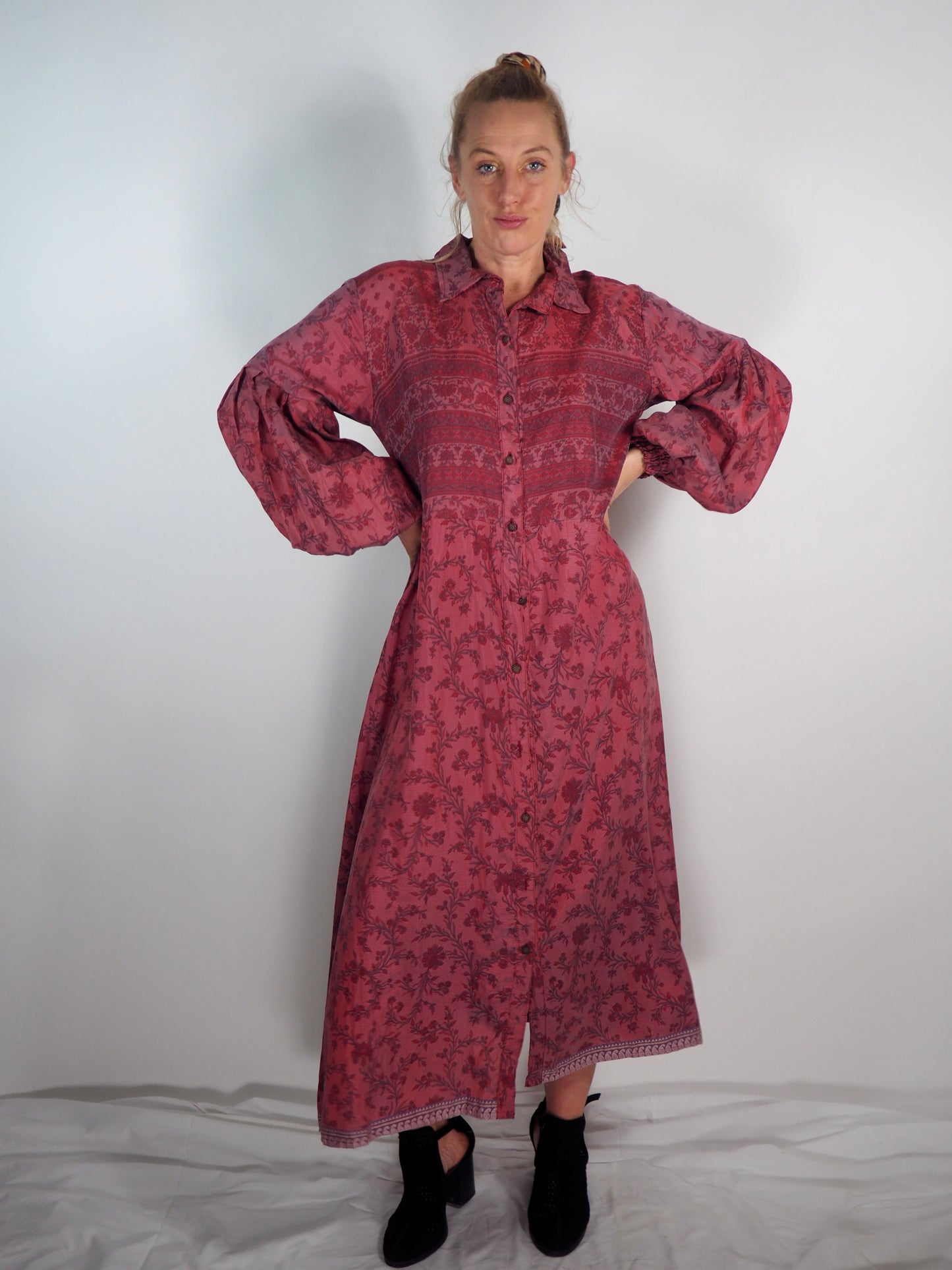 The Lenya Up-cycled Vintage Sari Dress – Sustainable Boho Dress with Oversized Sleeves Matching Scrunchy & Storage Bag