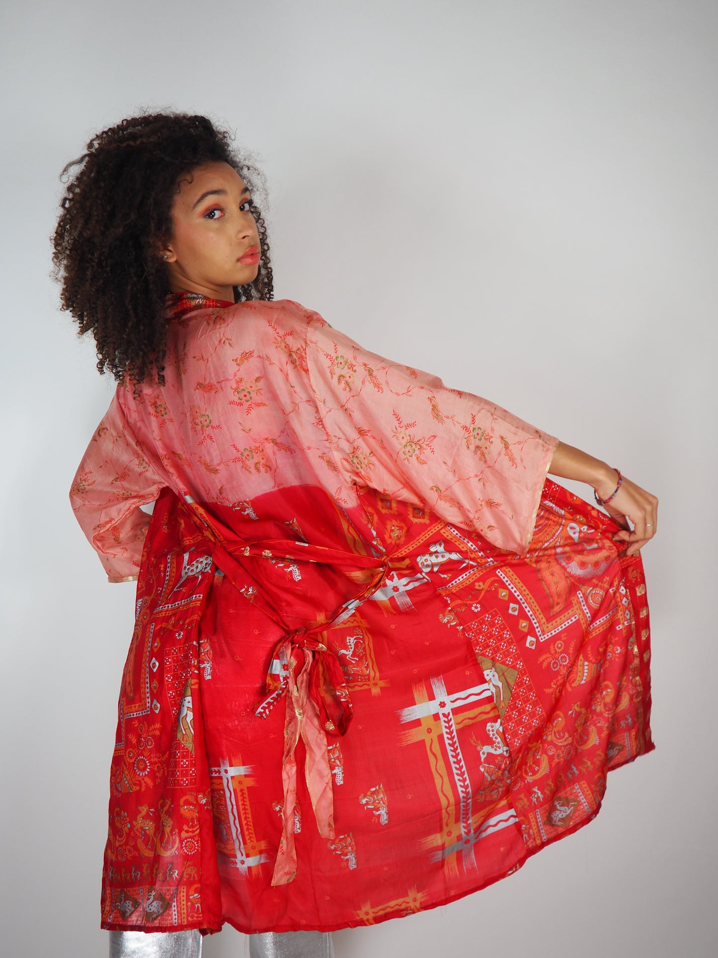 The Kardash Medium-Length Kimono – Up-cycled Vintage Sari Sustainable Kimono Jacket with Waist Tie + Matching Scrunchy & Storage Bag