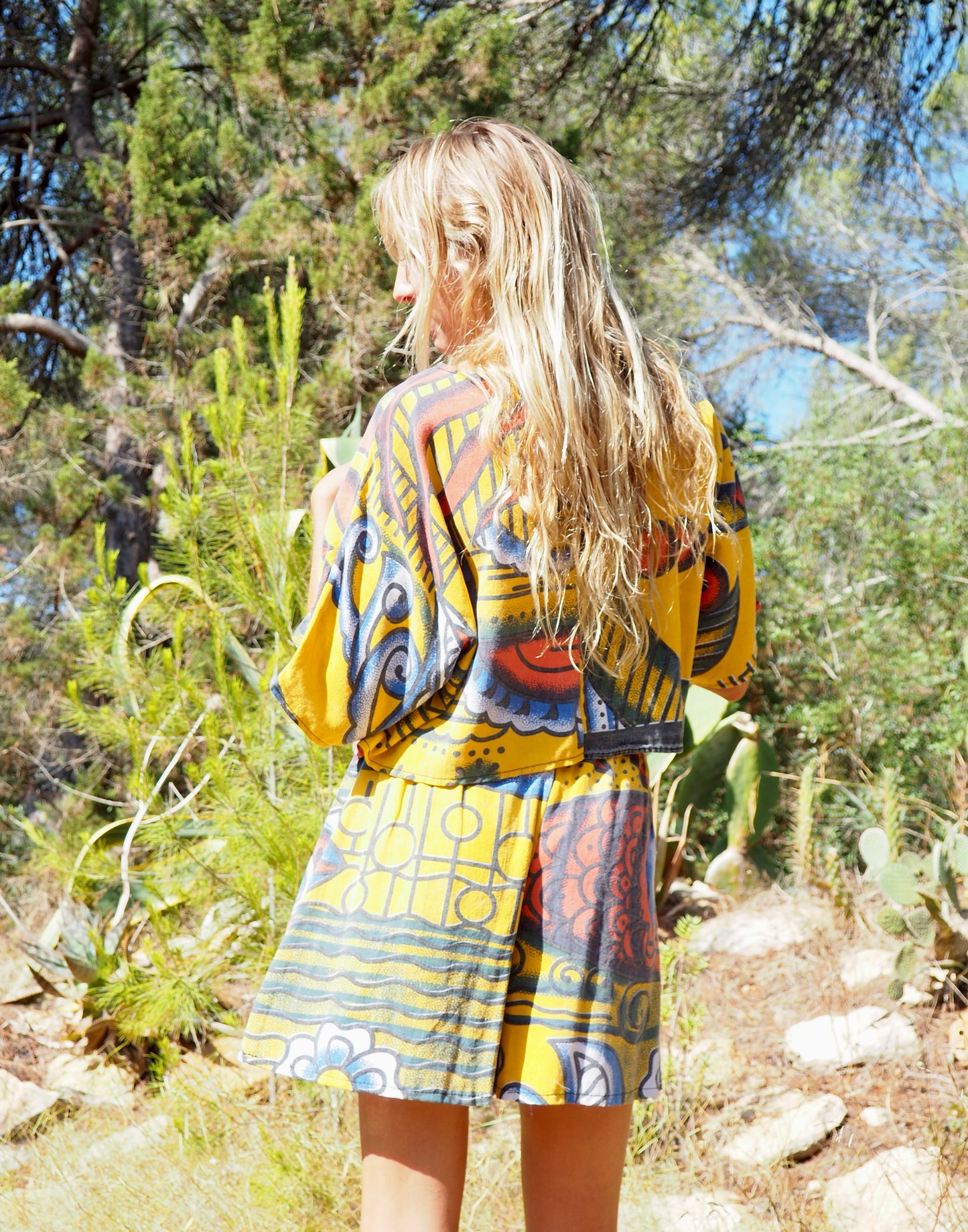 Up-cycled cotton Top with face red blue and yellow print up-cycled by Vagabond Ibiza