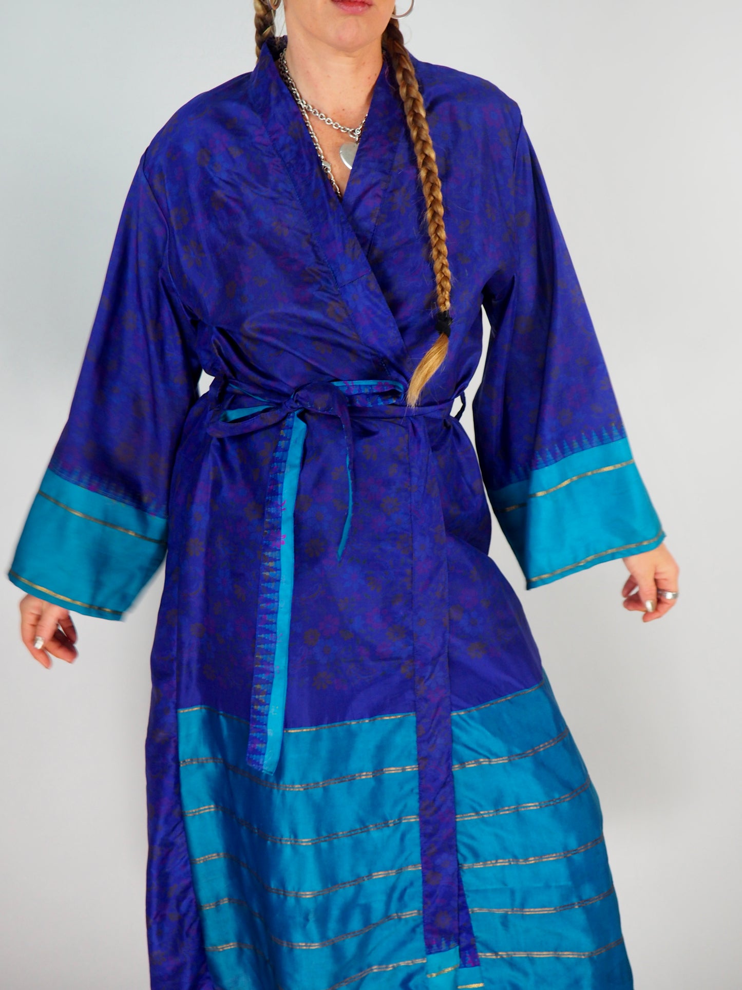 The Kardash Long Kimono – Up-cycled Vintage Sari long Kimono Robe with Waist Tie + Matching Scrunchy & Storage Bag