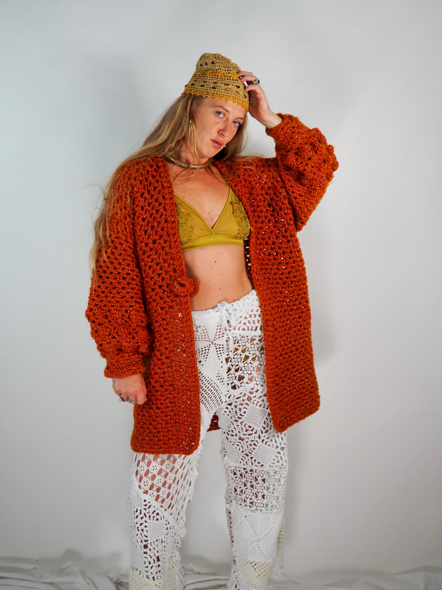 Introducing the Handmade Chunky Oversized Sleeve Sparkly Orange Cardigan