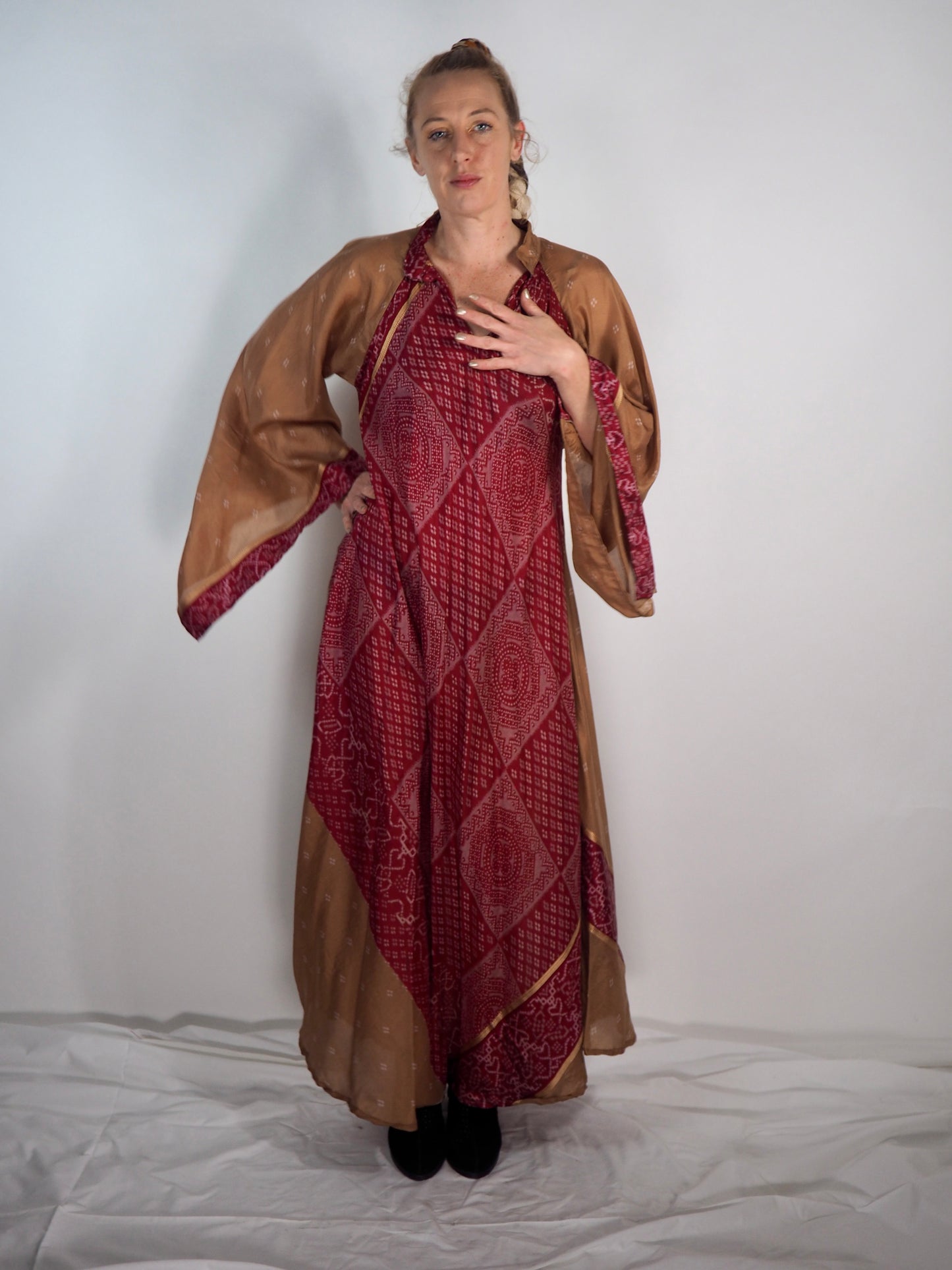 The Diamond Bias-Cut Maxi Dress – Up-cycled Vintage Sari Sustainable Dress with angel Sleeves + Matching Scrunchy & Bag