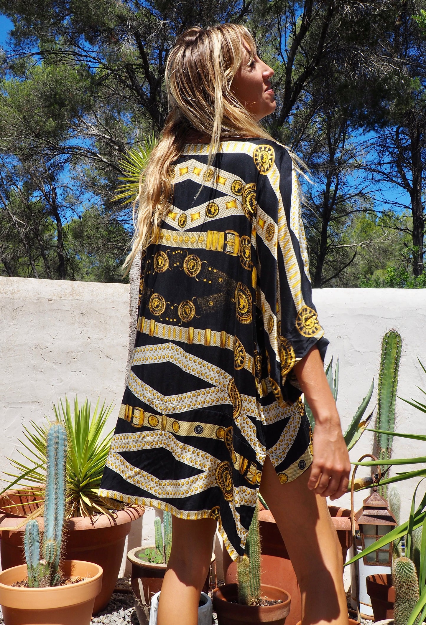 Pure silk black and gold printed dress/top super easy to wear day and night