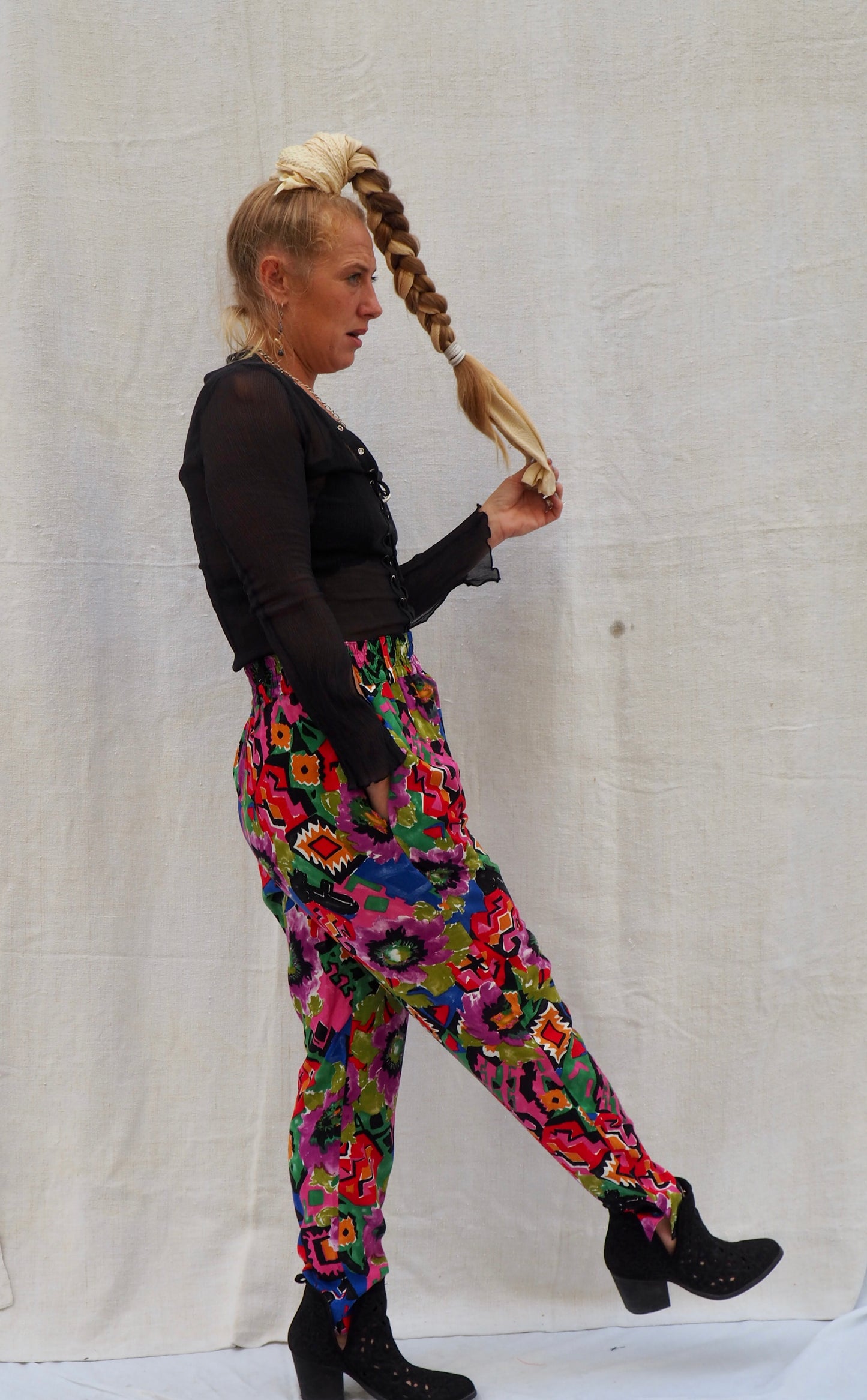 Vintage 1980s Colorful Cotton Printed Pants – Retro Geometric & Floral High-Waisted Trousers