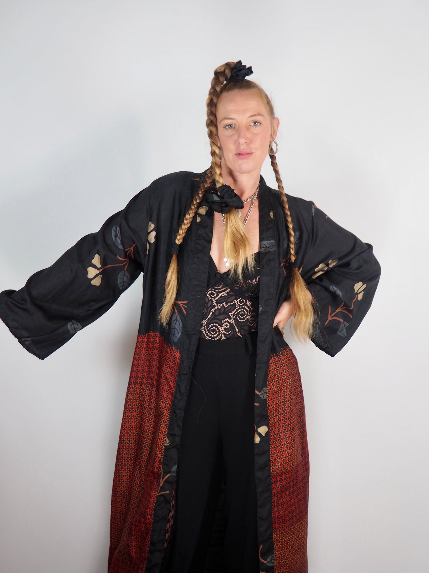 The Kardash Long Kimono – Up-cycled Vintage Sari long Kimono Robe with Waist Tie + Matching Scrunchy & Storage Bag