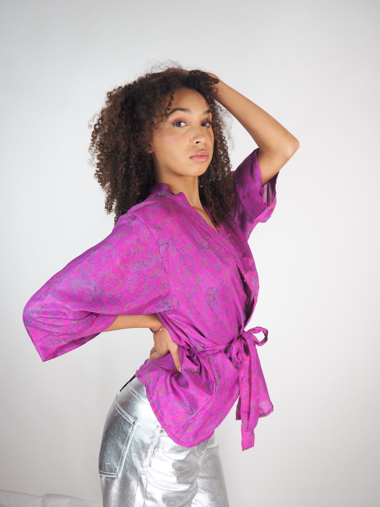 The Kardash Short Kimono – Vintage Re-cycled Sari Kimono Jacket with Waist Tie + Matching Scrunchy & Storage Bag