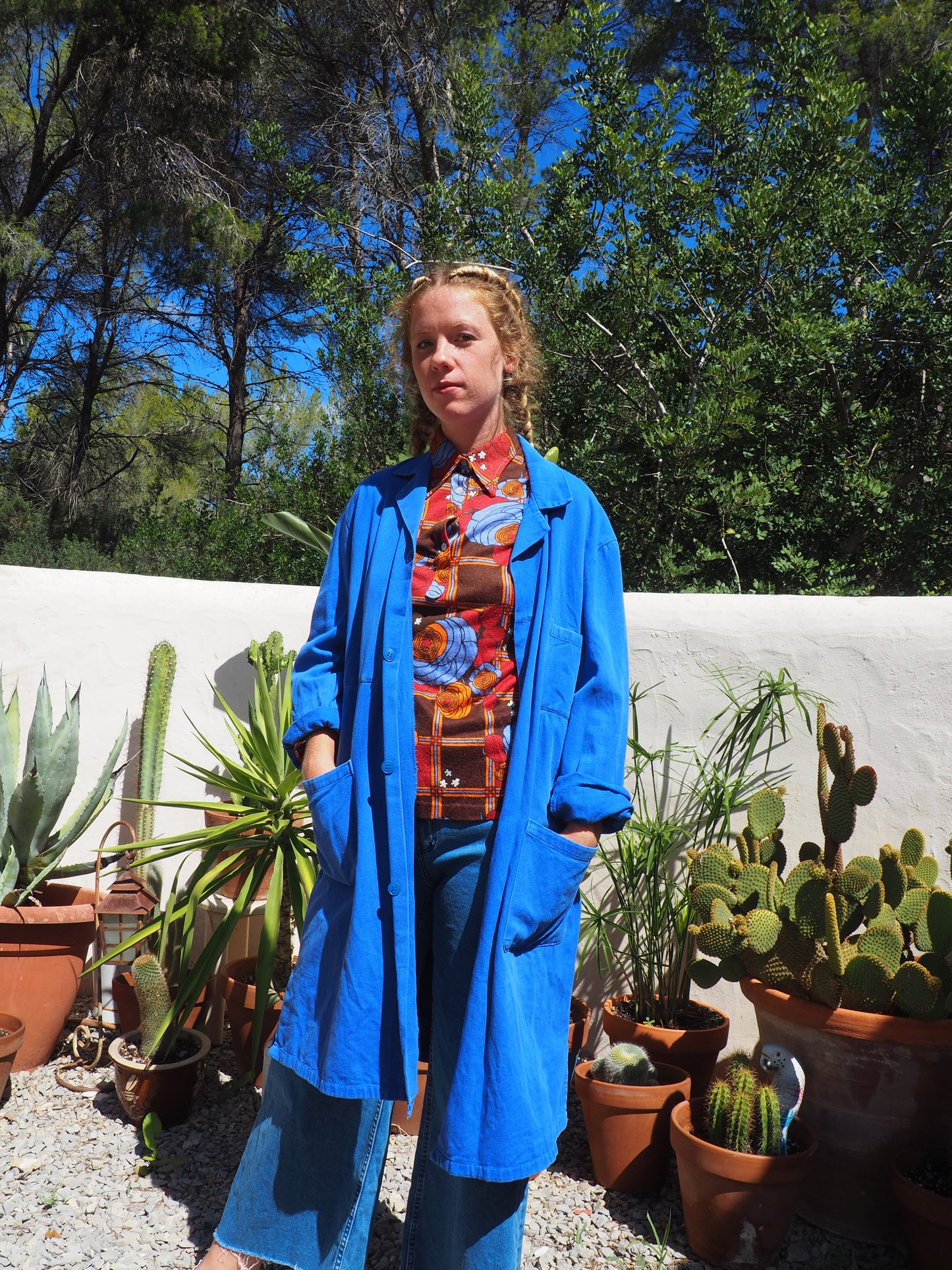 Vintage French blue cotton long work wear jacket with pockets and buttons up the front super cool