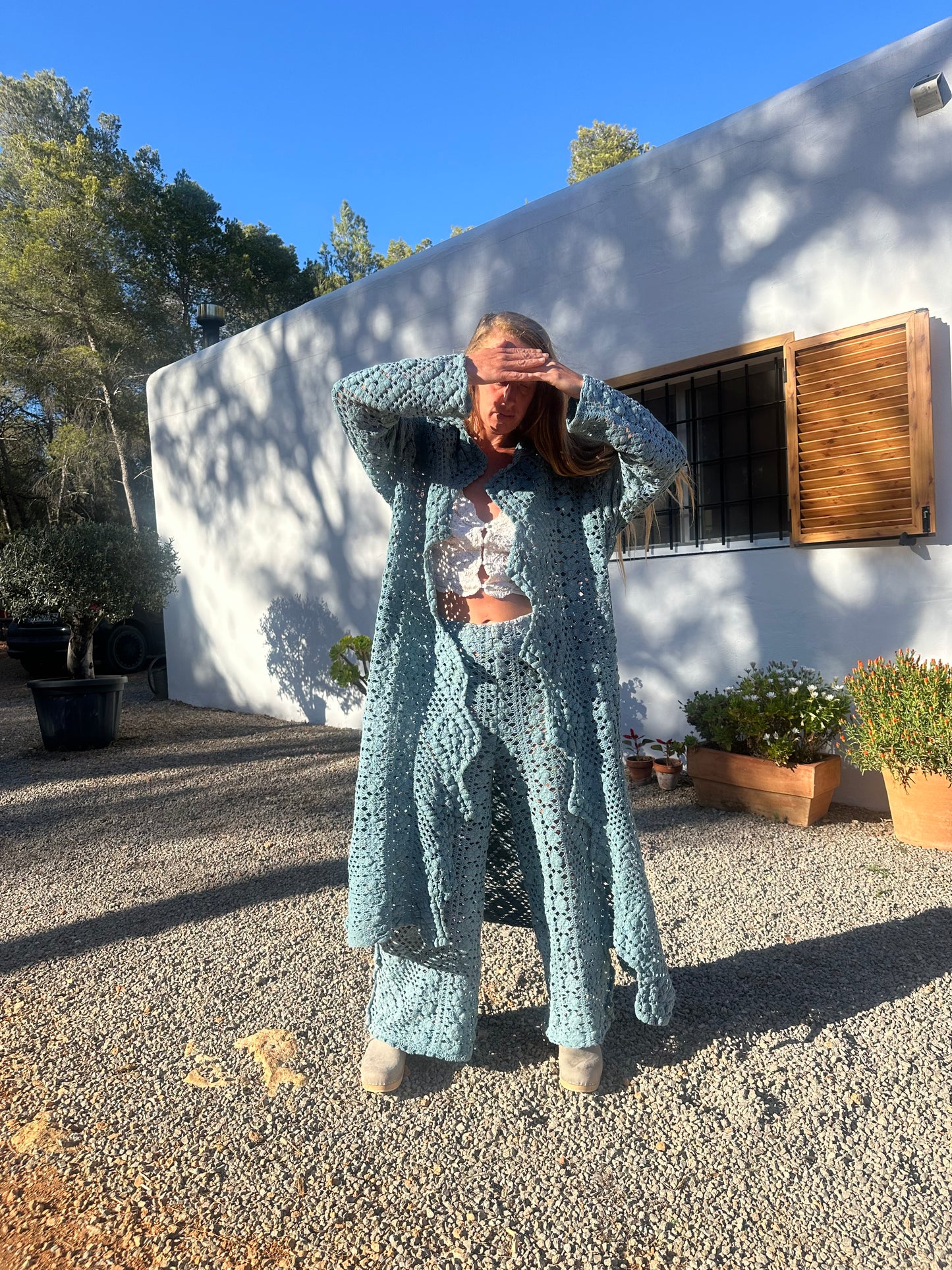 Vintage crochet textiles up-cycled wide leg pants dyed and made by vagabond Ibiza at our studio