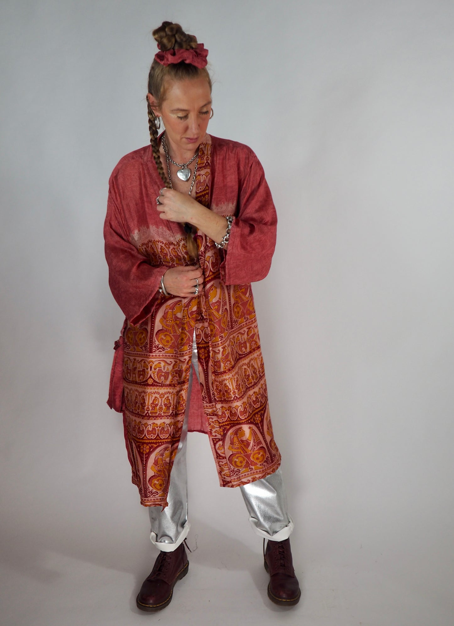 The Kardash Medium-Length Kimono – Up-cycled Vintage Sari Kimono Jacket with Waist Tie + Matching Scrunchy & Storage Bag