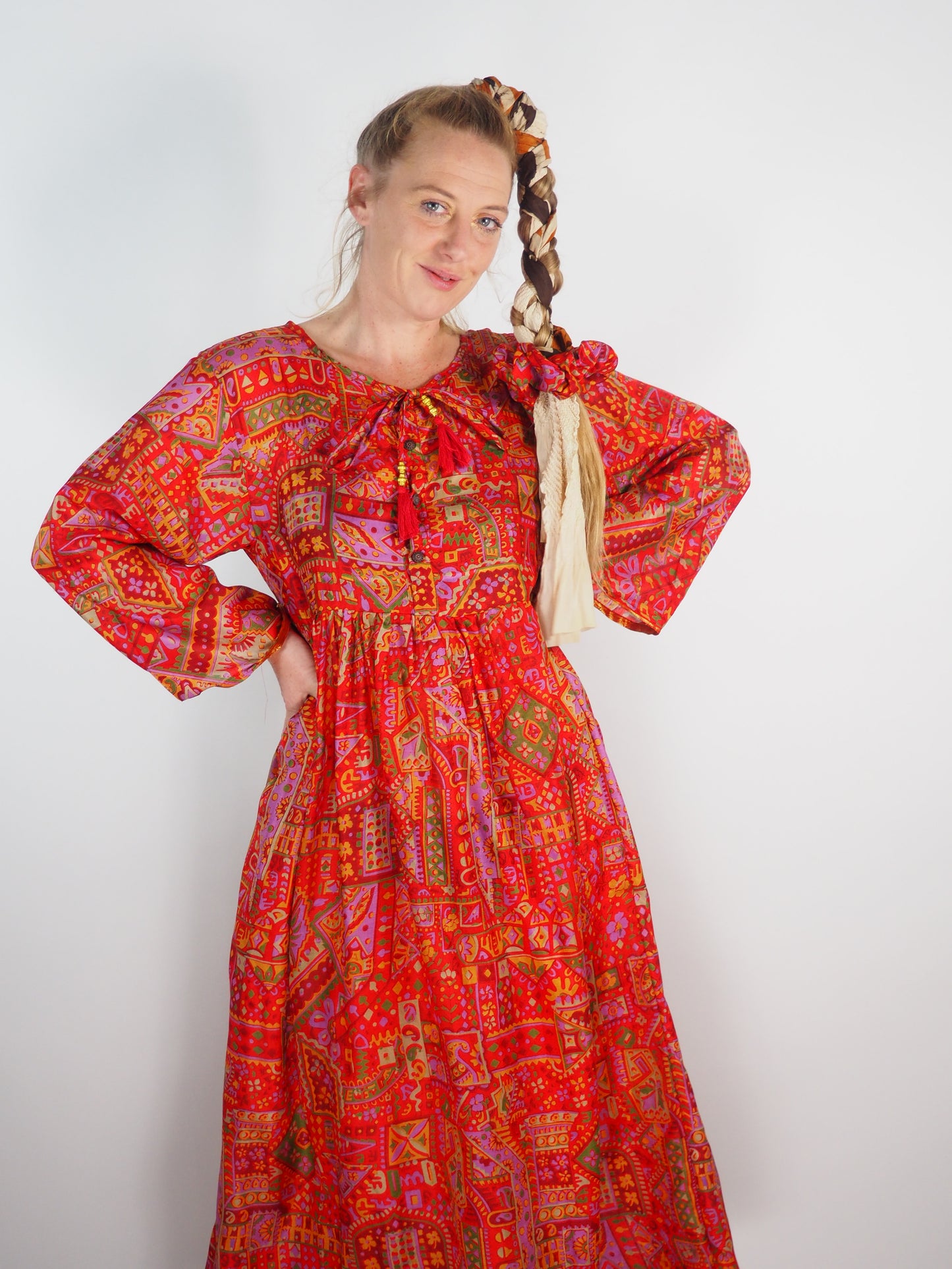 The Vadella Up-cycled Vintage Re-cycled Sari Maxi Dress – Sustainable Boho Dress with Tie Neck Detail + Matching Scrunchy & Bag