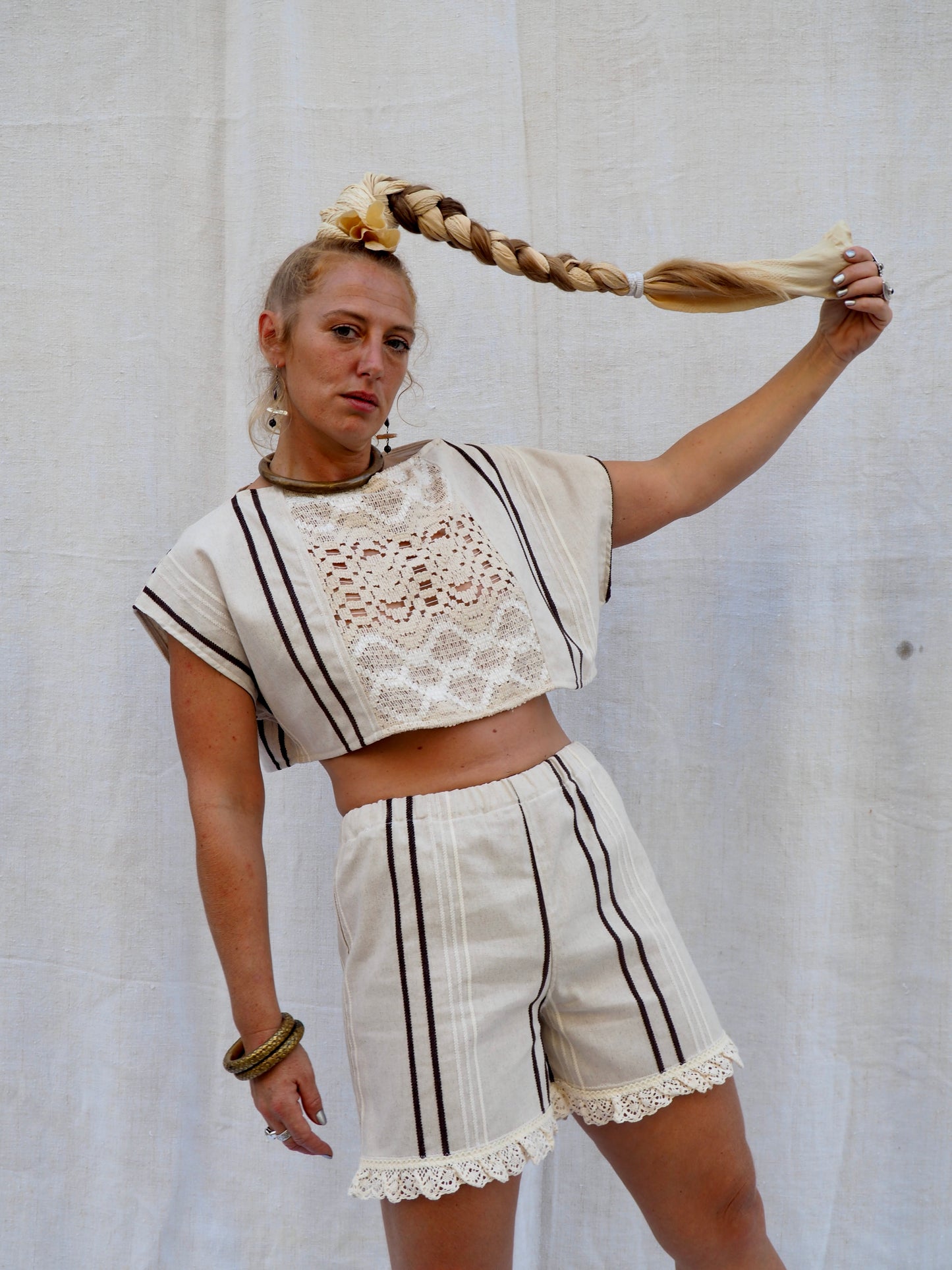 Up-cycled Vintage Linen Cropped T-Shirt with Lace Paneling & Capped Sleeves – Handmade by Vagabond Ibiza