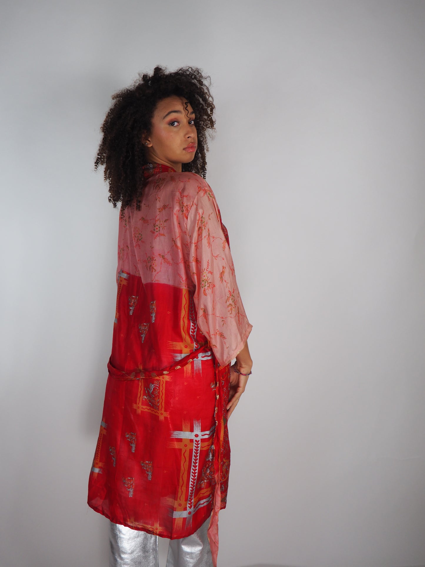 The Kardash Medium-Length Kimono – Up-cycled Vintage Sari Sustainable Kimono Jacket with Waist Tie + Matching Scrunchy & Storage Bag