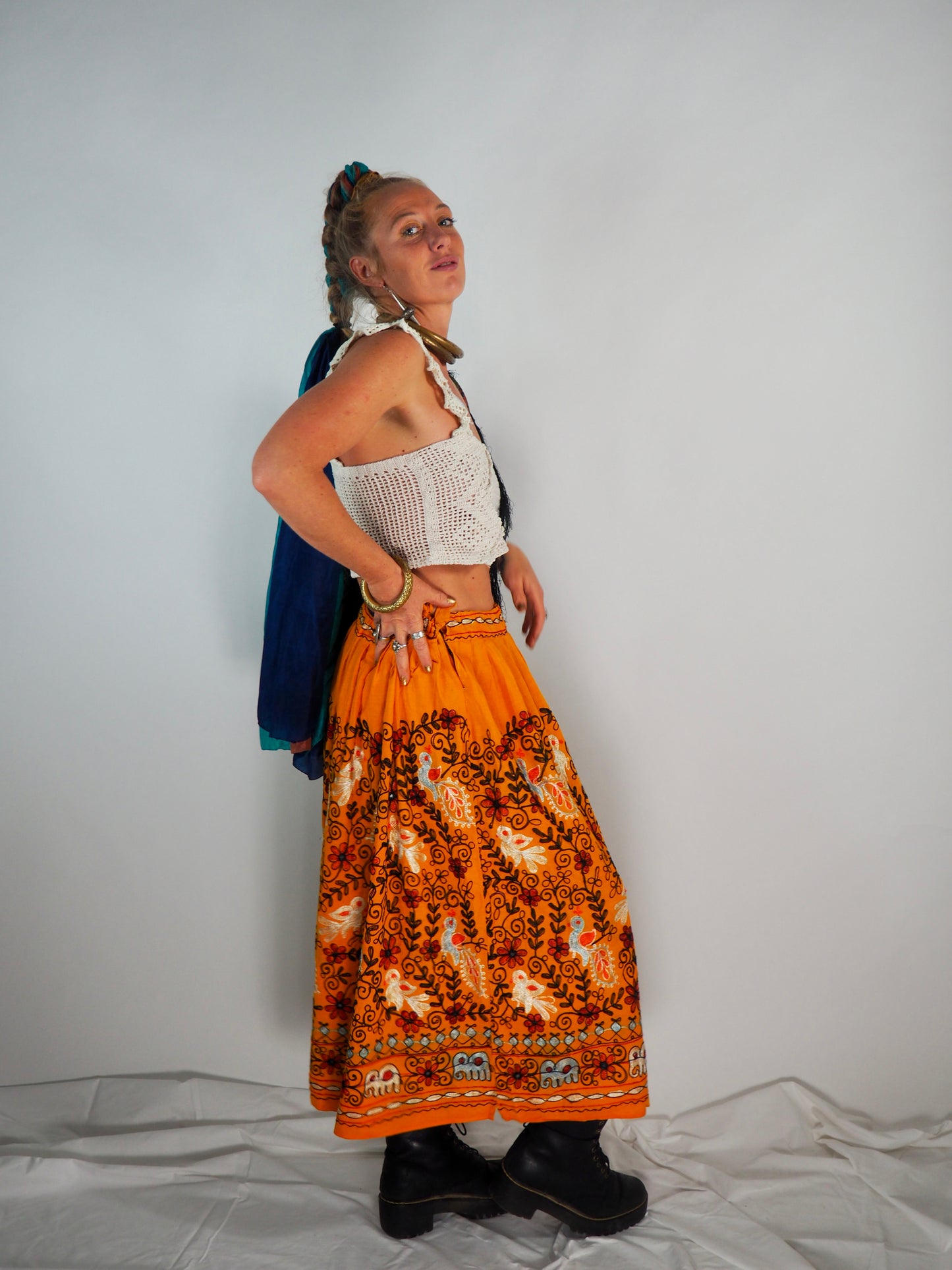 Vintage 1970s Indian Cotton Skirt with Intricate Machine Embroidery