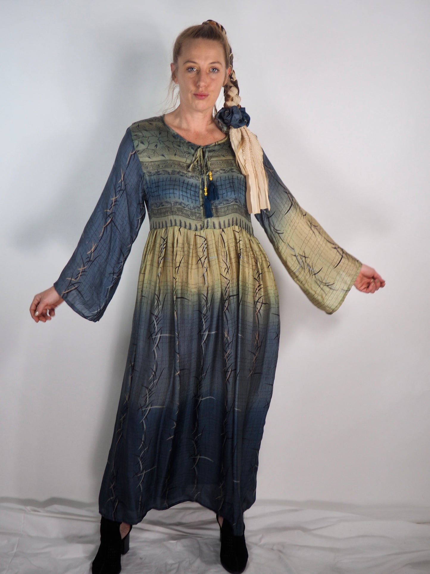 The Vadella Up-cycled Vintage Re-cycled Sari Maxi Dress – Sustainable Boho Dress with Tie Neck Detail + Matching Scrunchy & Bag