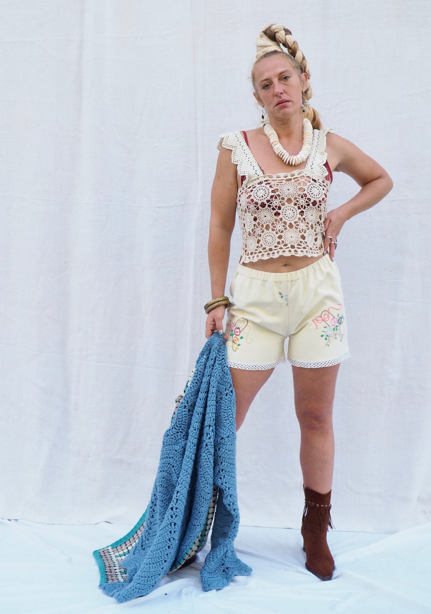 Up-cycled Vintage 1950s Hand-Embroidered Floral Shorts – Handmade by Vagabond Ibiza