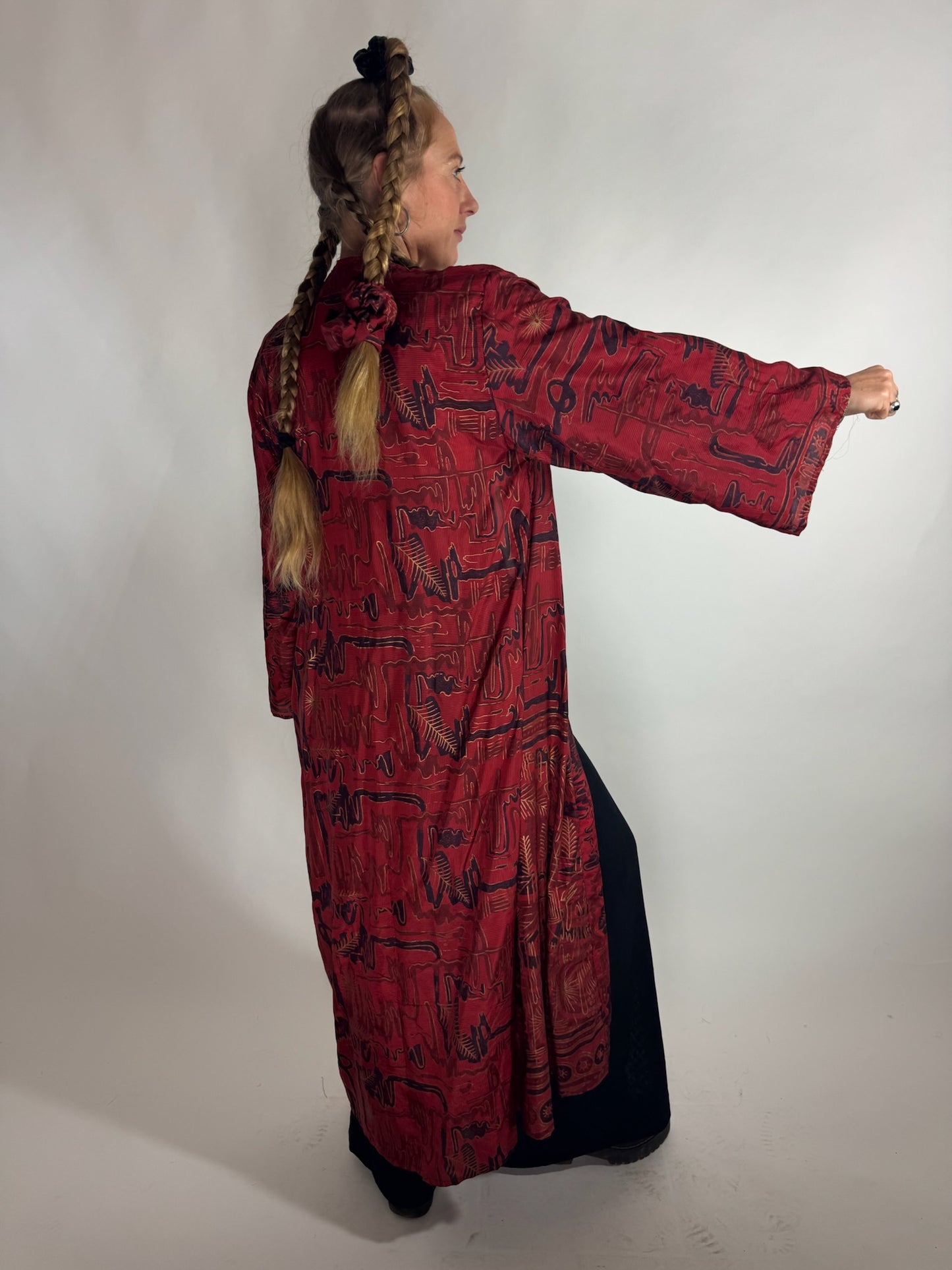 The Kardash Long Kimono – Up-cycled Vintage Sari long Kimono Robe with Waist Tie + Matching Scrunchy & Storage Bag