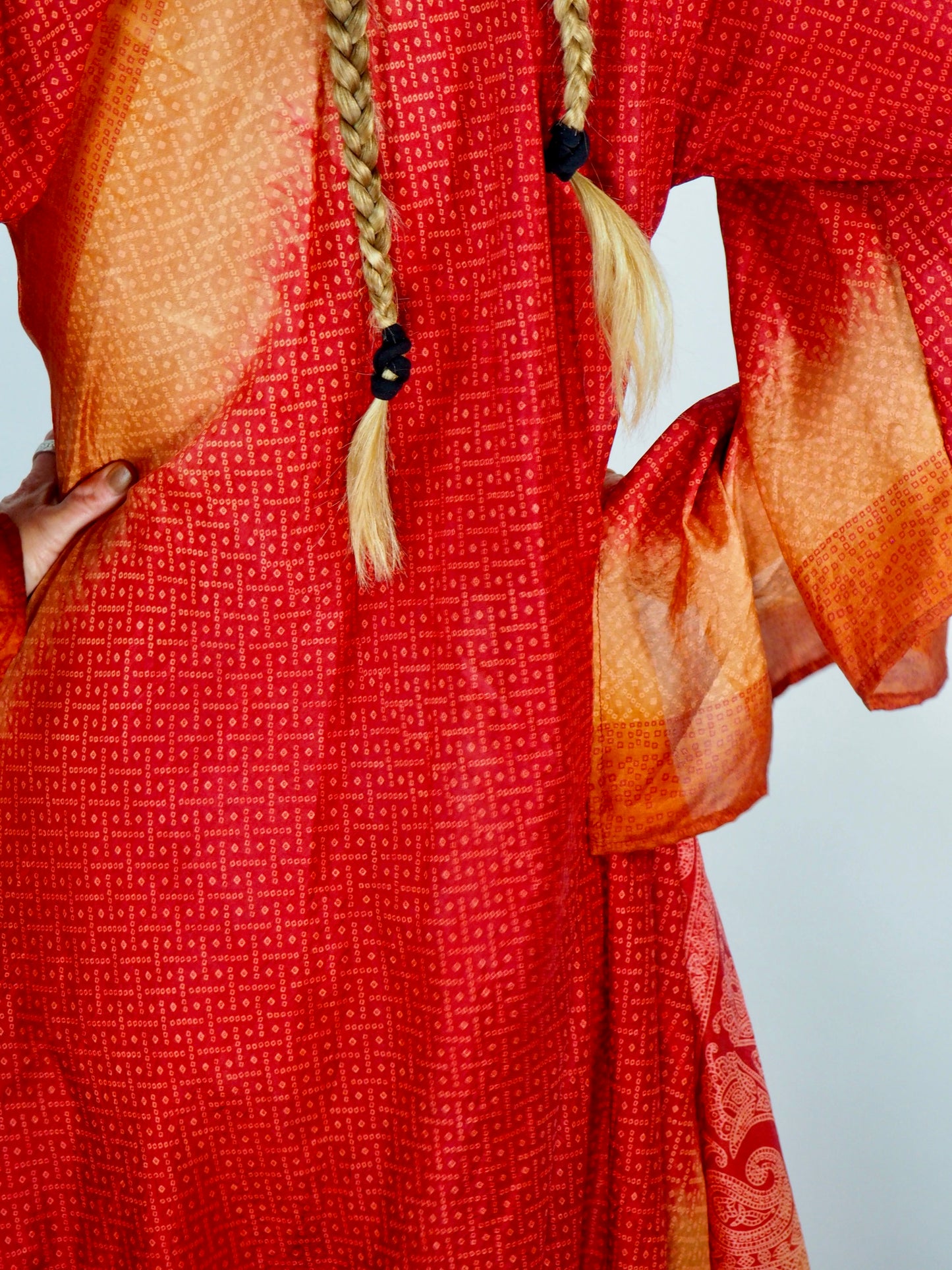 The Diamond Bias-Cut Maxi Dress – Up-cycled Vintage Sari Sustainable Dress with angel Sleeves + Matching Scrunchy & Bag