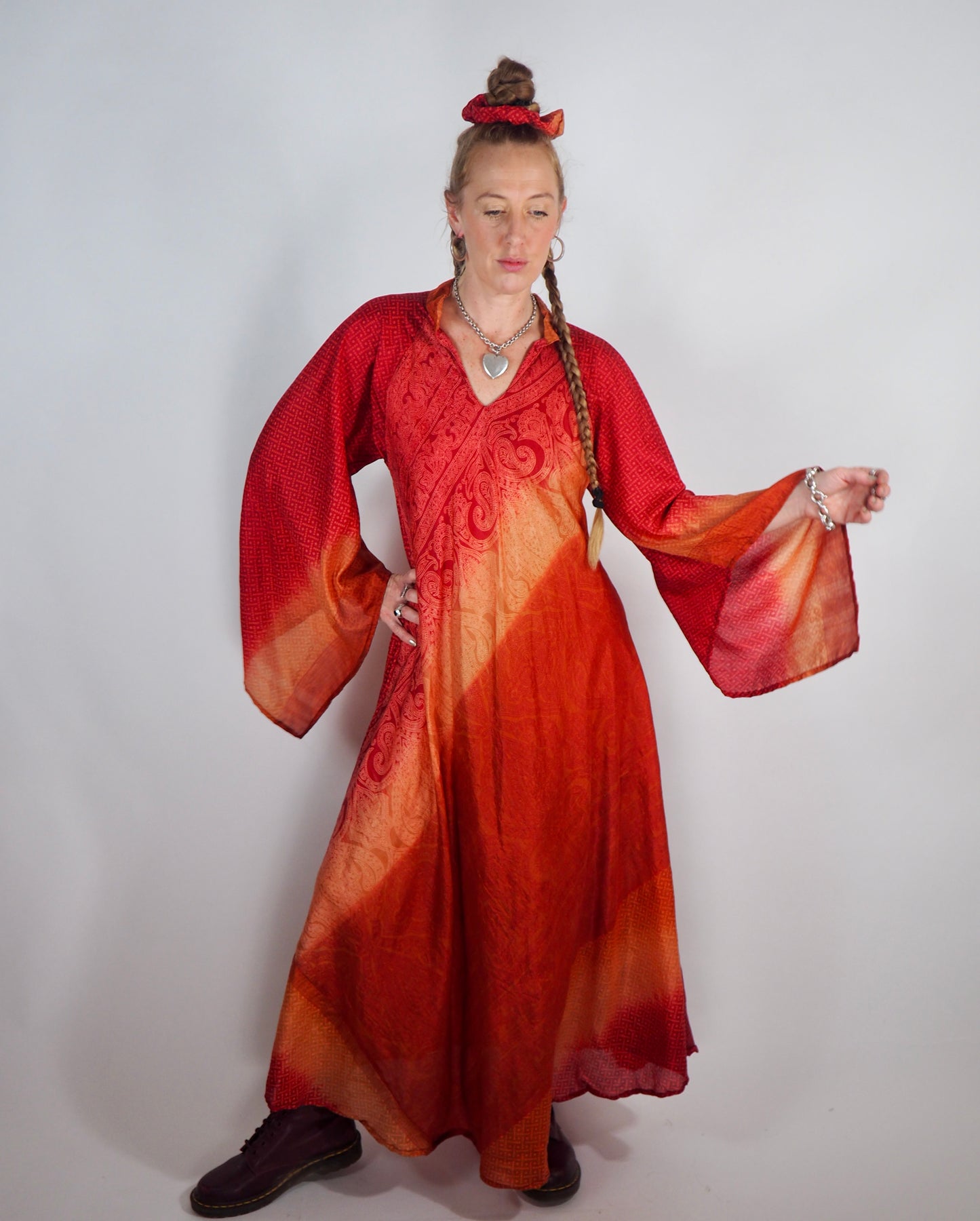 The Diamond Bias-Cut Maxi Dress – Up-cycled Vintage Sari Sustainable Dress with angel Sleeves + Matching Scrunchy & Bag