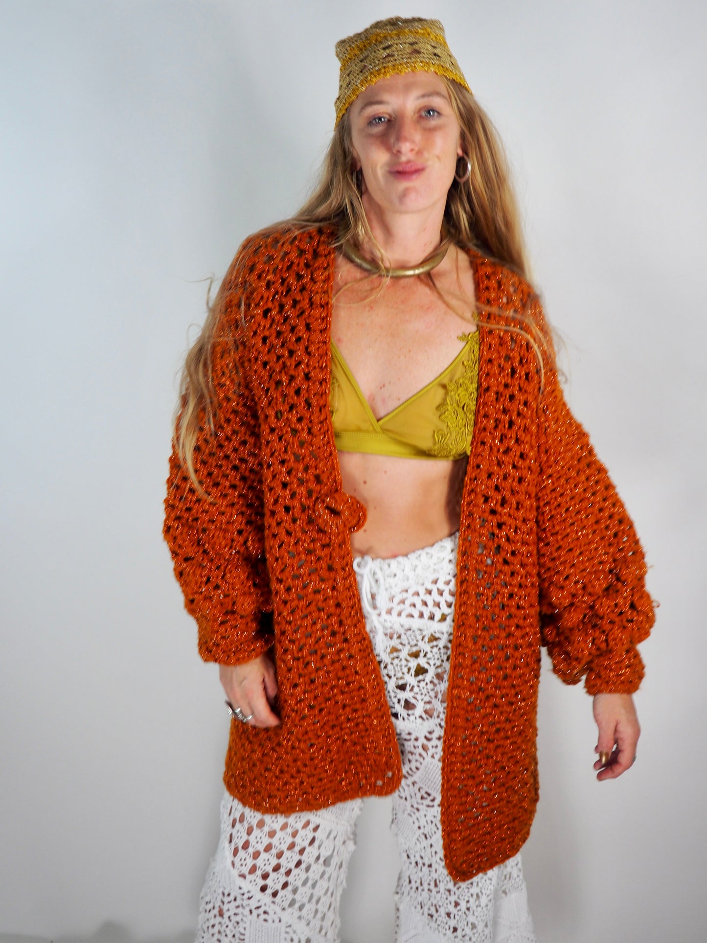 Introducing the Handmade Chunky Oversized Sleeve Sparkly Orange Cardigan