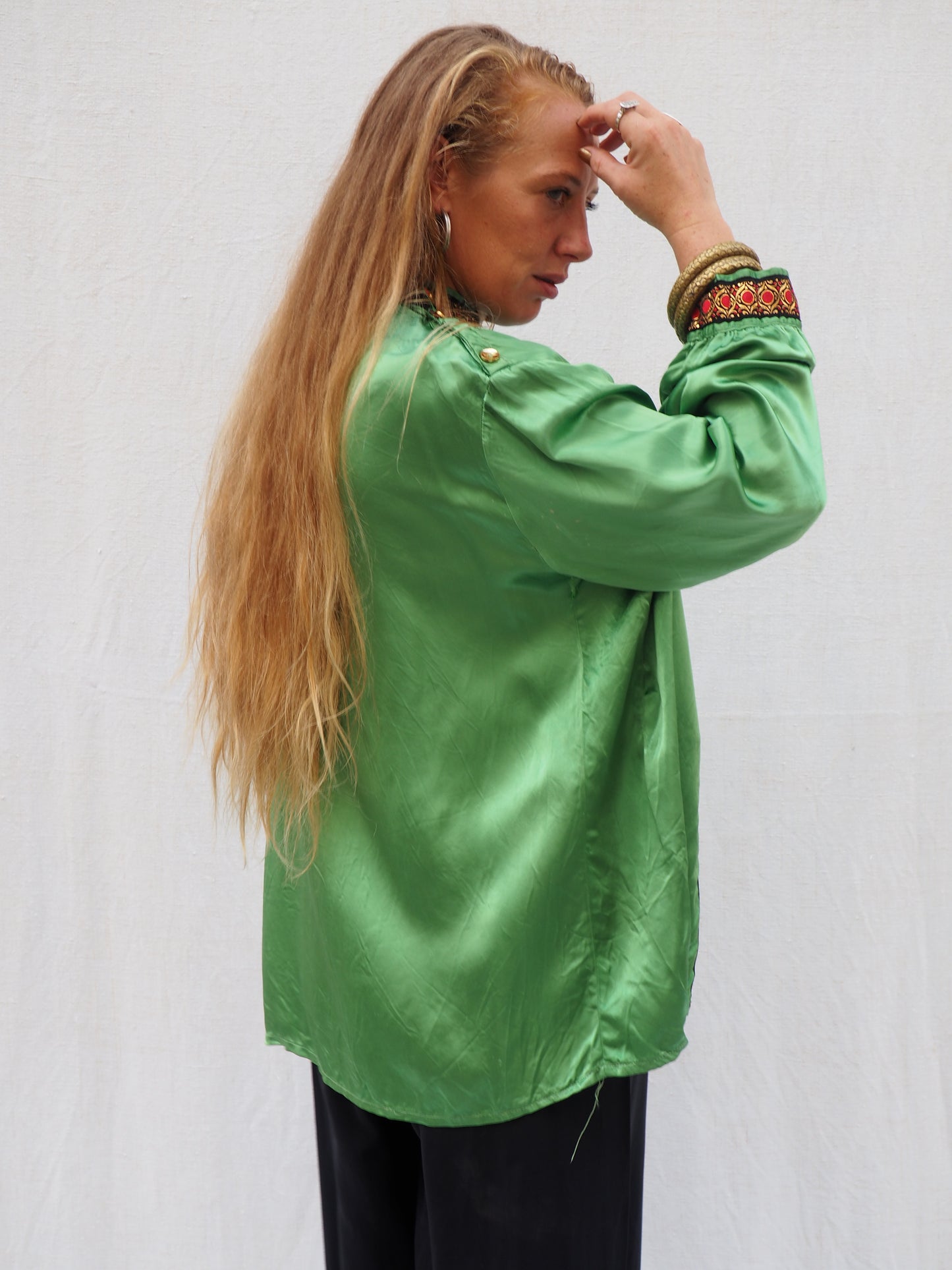 Vintage 1970s Green Satin Jacket with Embellished Trim