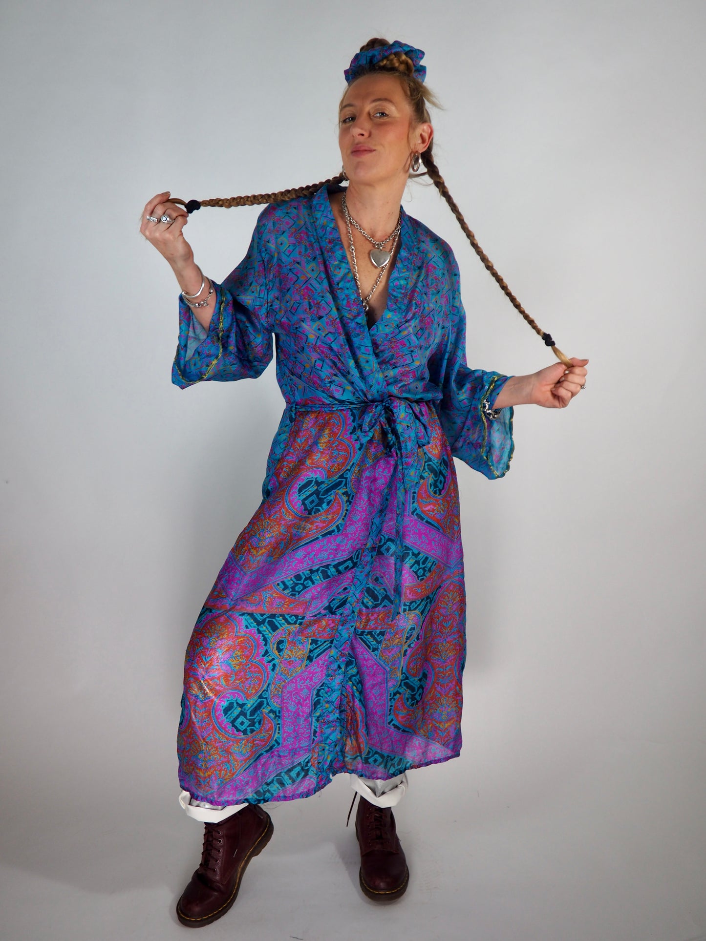 The Kardash Long Kimono – Up-cycled Vintage Sari long Kimono Robe with Waist Tie + Matching Scrunchy & Storage Bag