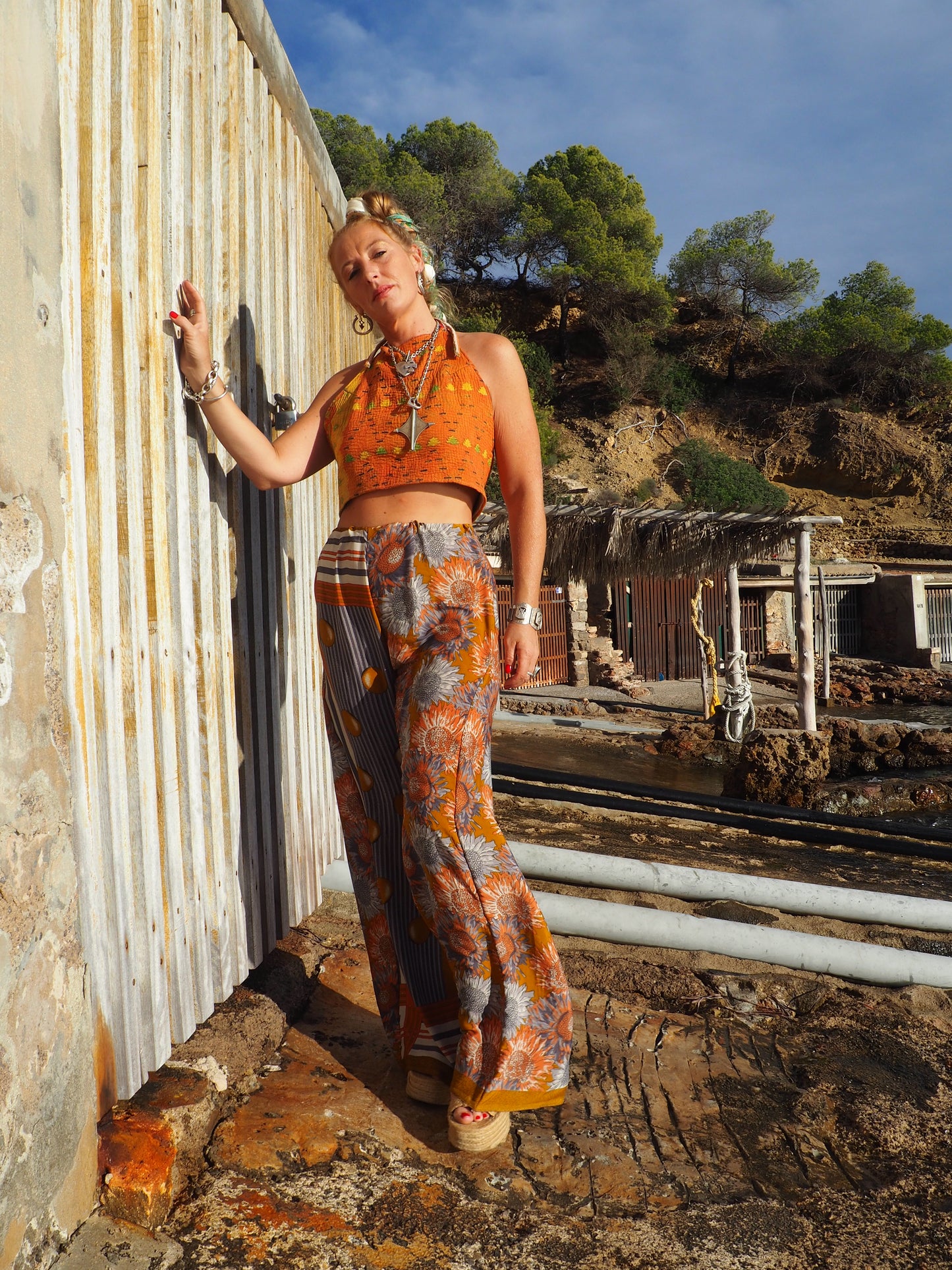 Wide leg pants with elastic waste made by vagabond Ibiza from vintage fabric off cuts