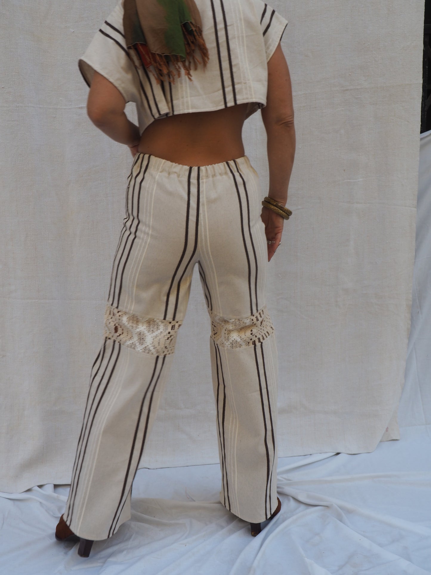 Up-cycled Vintage Linen & Crochet Patchwork Pants – Handmade by Vagabond Ibiza