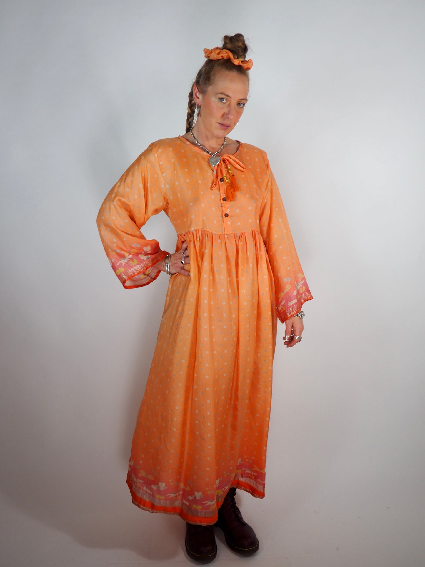 The Vadella Up-cycled Vintage Re-cycled Sari Maxi Dress – Sustainable Boho Dress with Tie Neck Detail + Matching Scrunchy & Bag