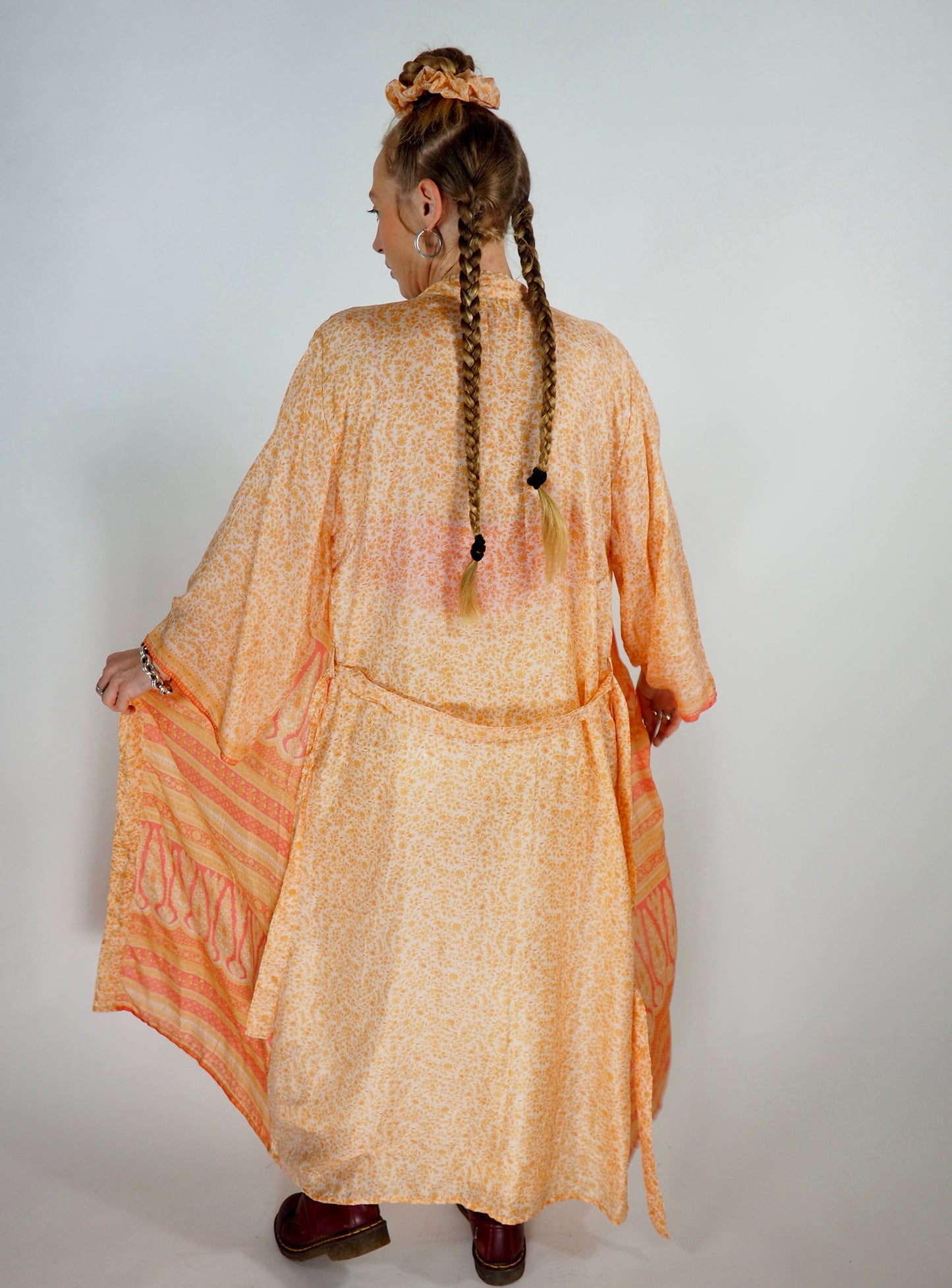 The Kardash Long Kimono – Up-cycled Vintage Sari long Kimono Robe with Waist Tie + Matching Scrunchy & Storage Bag