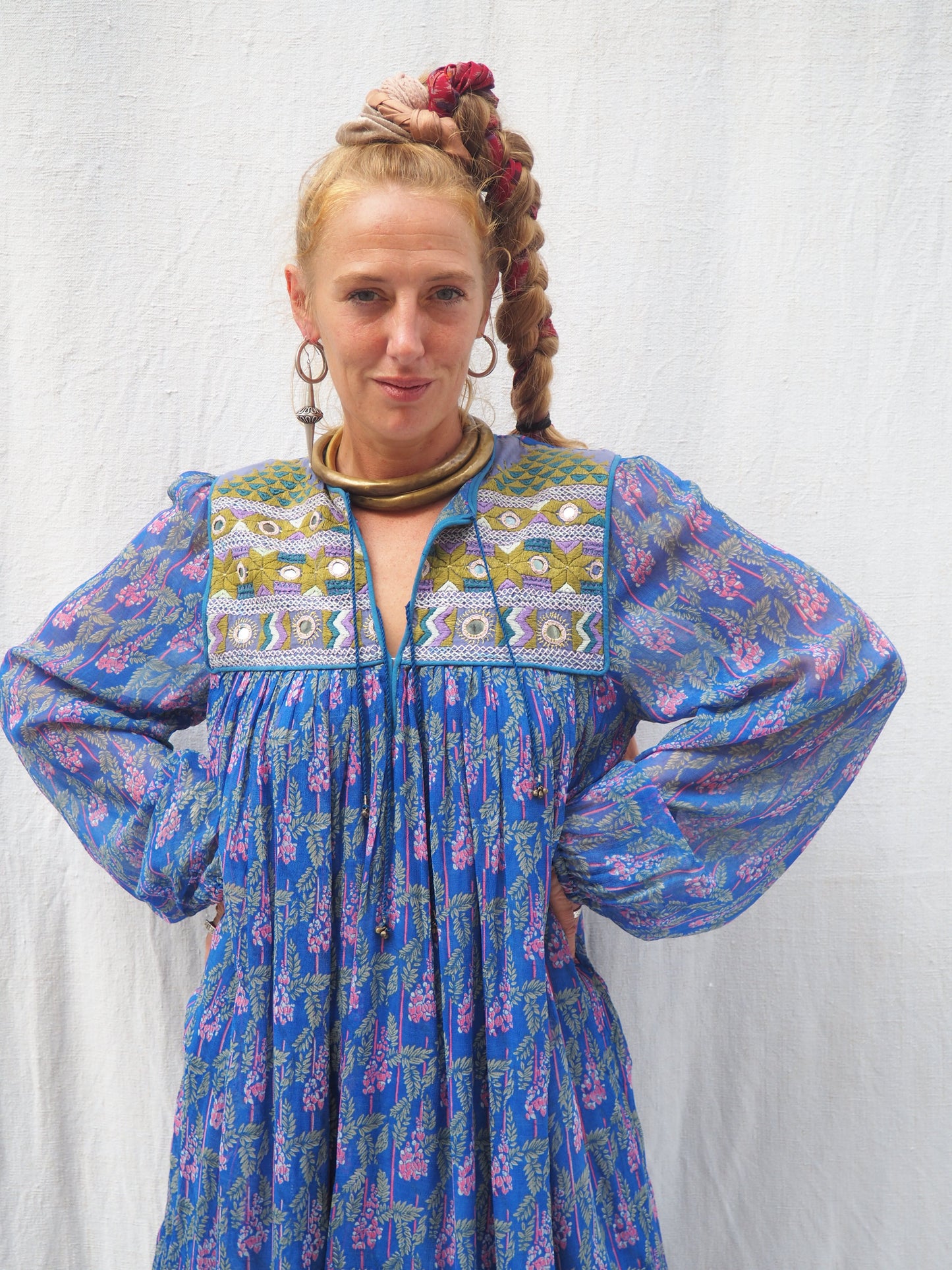 Vintage 1970s Indian Dress with Hand-Embroidered Panel