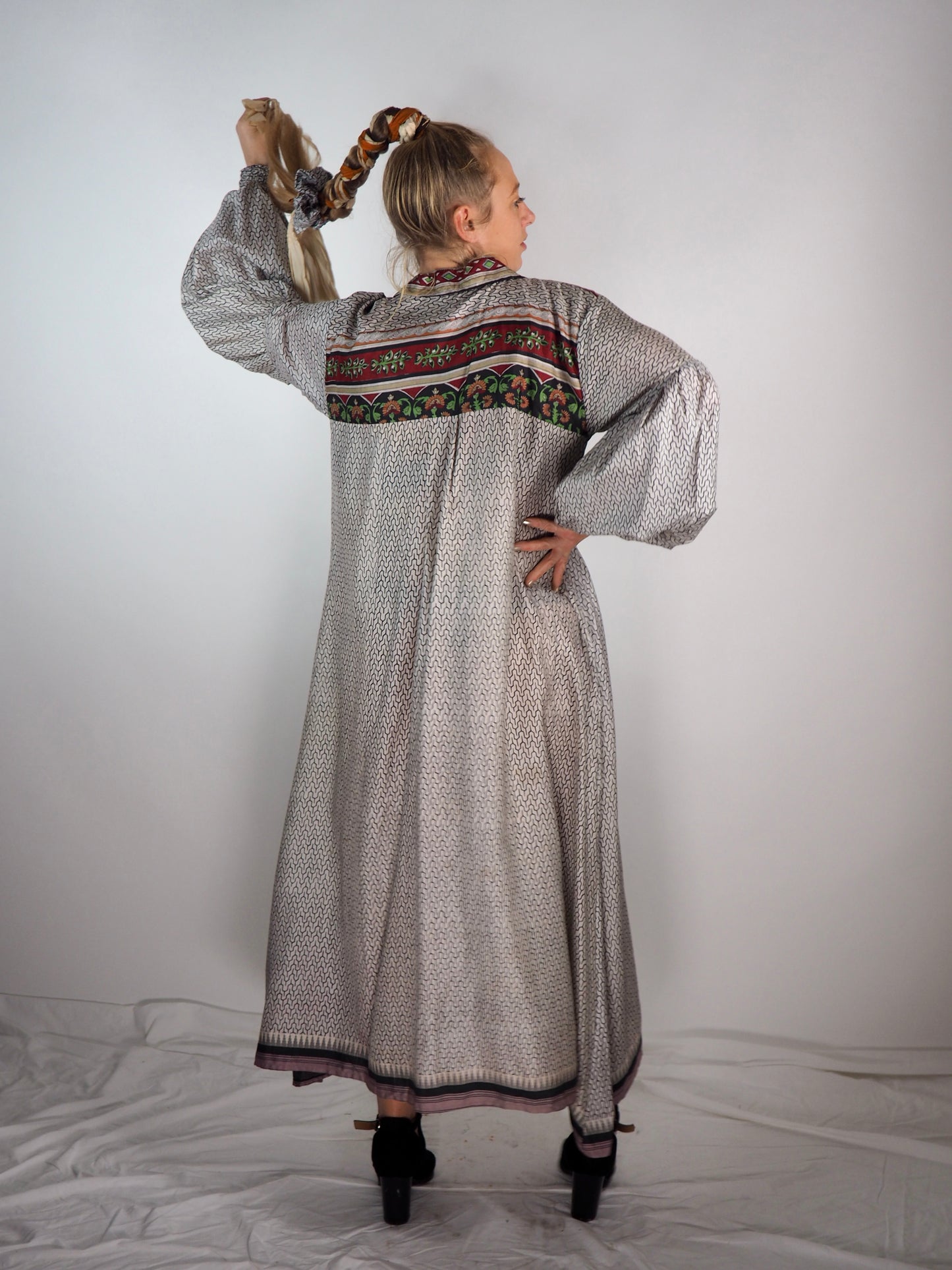 The Lenya Up-cycled Vintage Sari Dress – Sustainable Boho Dress with Oversized Sleeves Matching Scrunchy & Storage Bag*