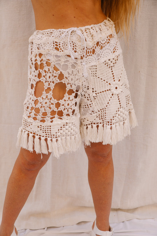 Handmade Upcycled Crochet Patchwork Shorts with Tassels by Vagabond Ibiza