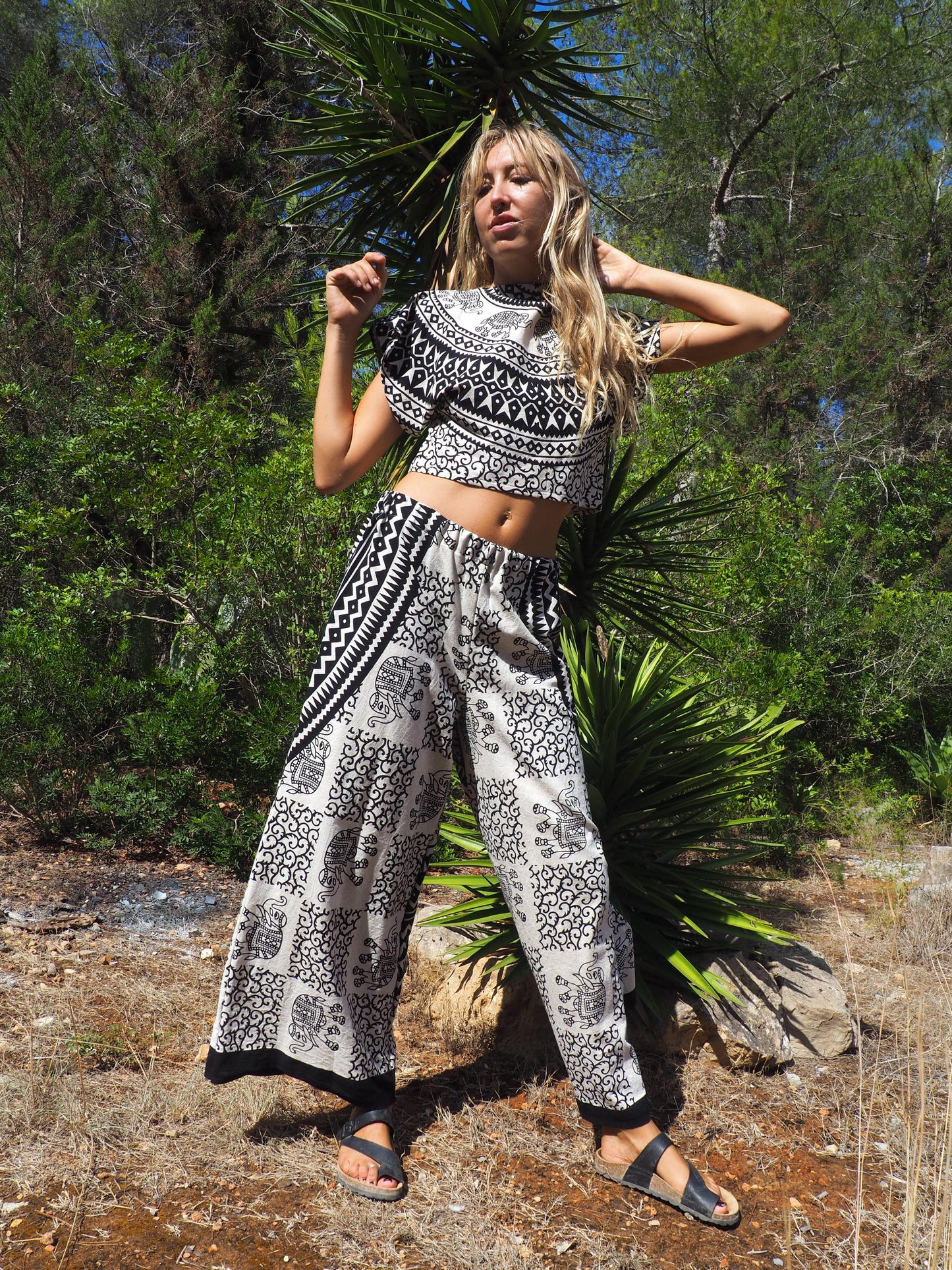 Up-cycled cotton textiles crop top with black and cream printed design by Vagabond Ibiza