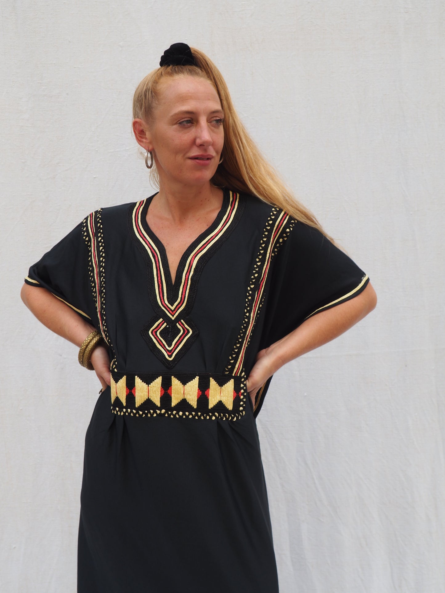 Vintage Black Polyester Kaftan with Gold Detail