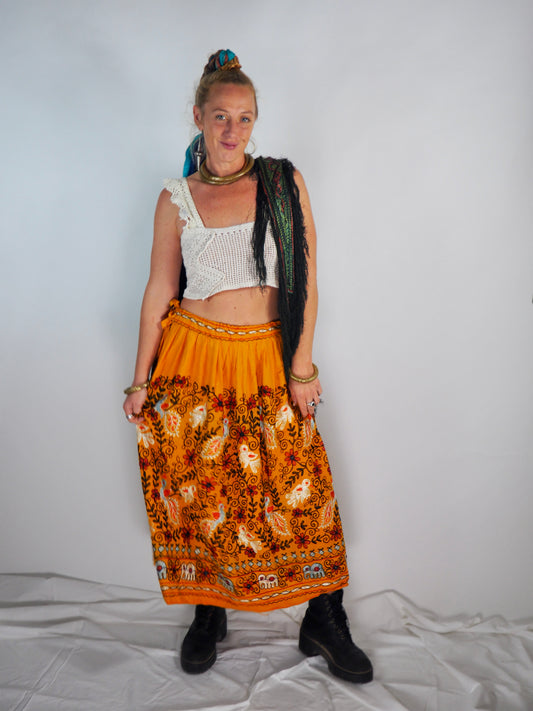 Vintage 1970s Indian Cotton Skirt with Intricate Machine Embroidery