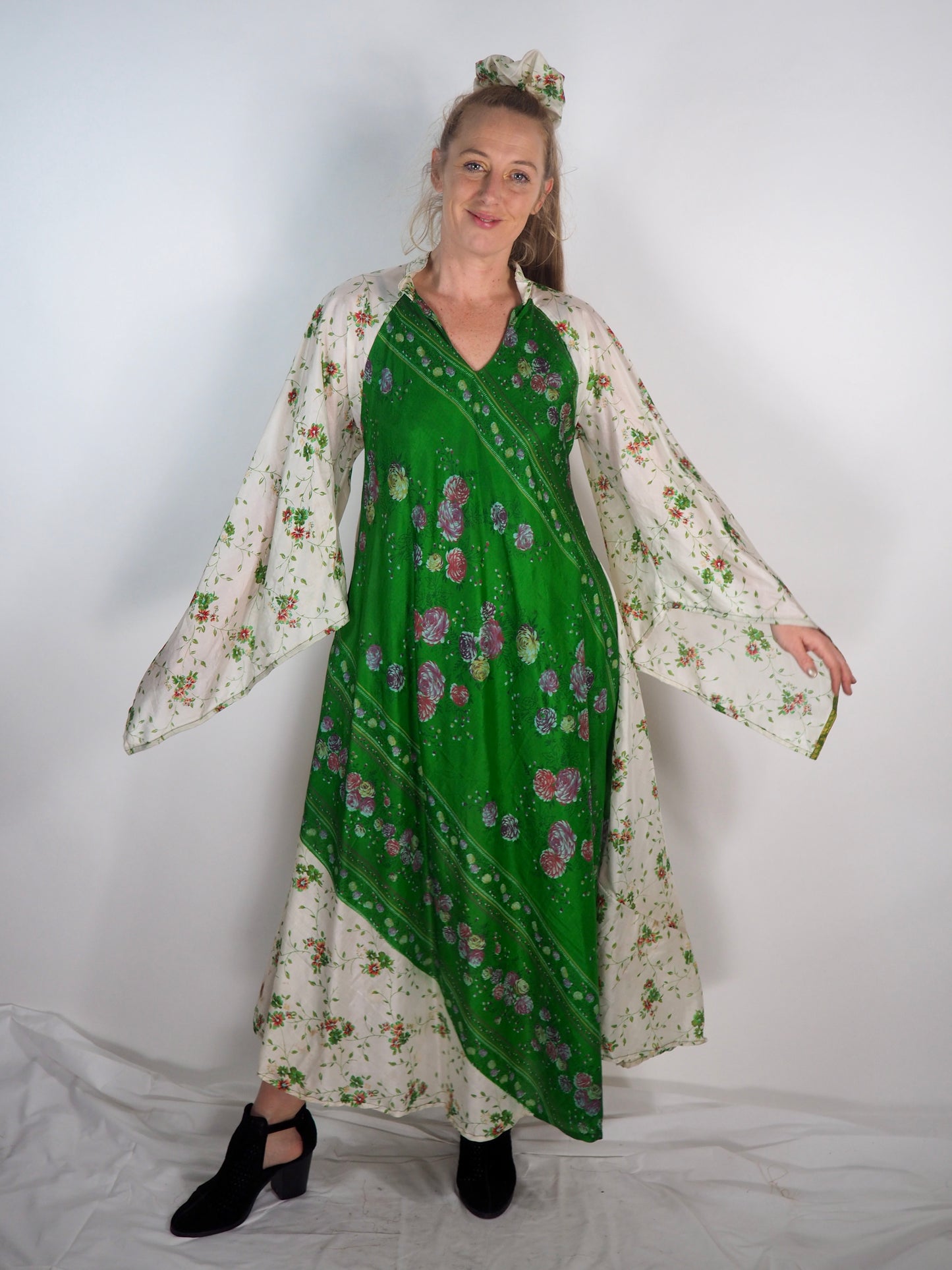 The Diamond Bias-Cut Maxi Dress – Up-cycled Vintage Sari Sustainable Dress with angel Sleeves + Matching Scrunchy & Bag